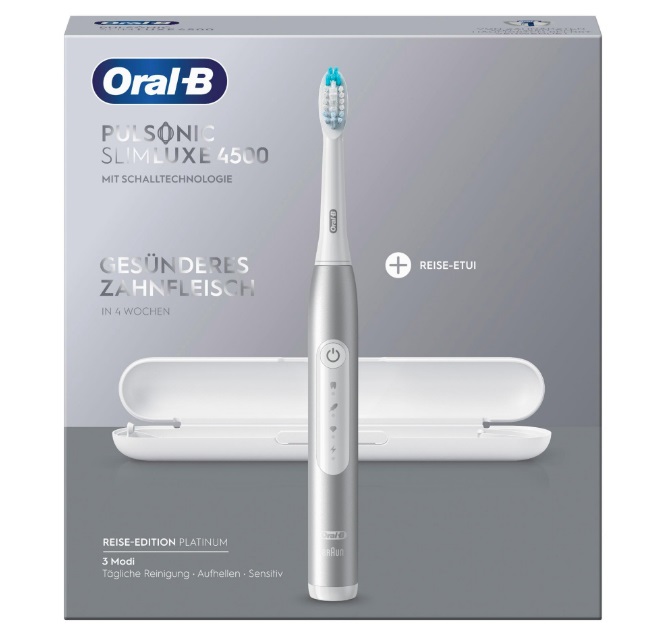 Oral-B Pulsonic Slim Luxe 4500 Spazzolino Elettrico Sonico Platino - 3 Modalità di Pulizia, Timer, 2 Testine di Ricambio, Ultra Sottile e Leggero