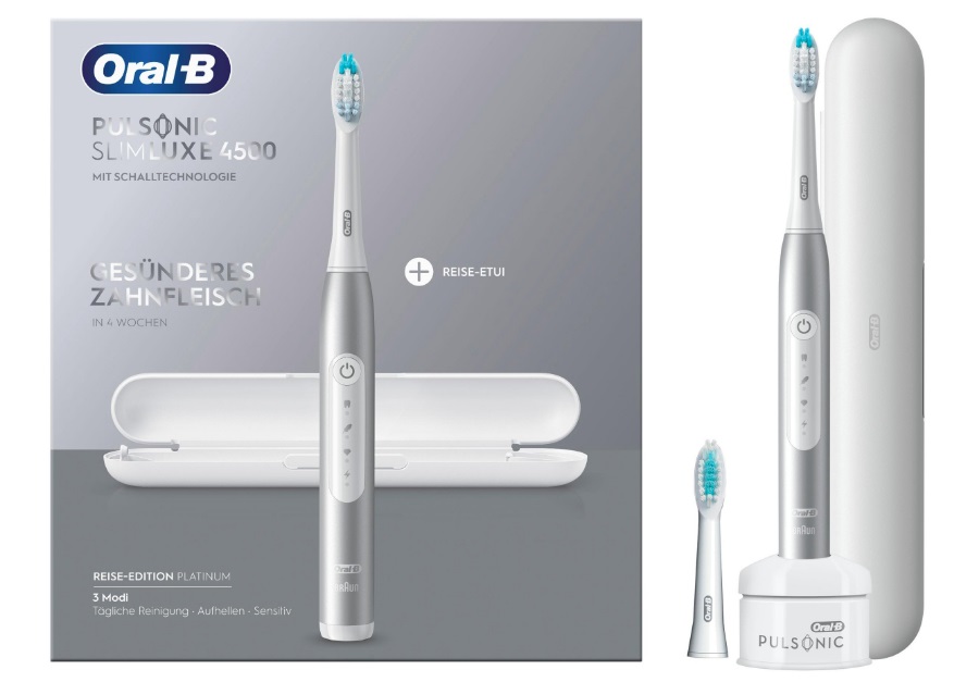 Oral-B Pulsonic Slim Luxe 4500 Spazzolino Elettrico Sonico Platino - 3 Modalità di Pulizia, Timer, 2 Testine di Ricambio, Ultra Sottile e Leggero