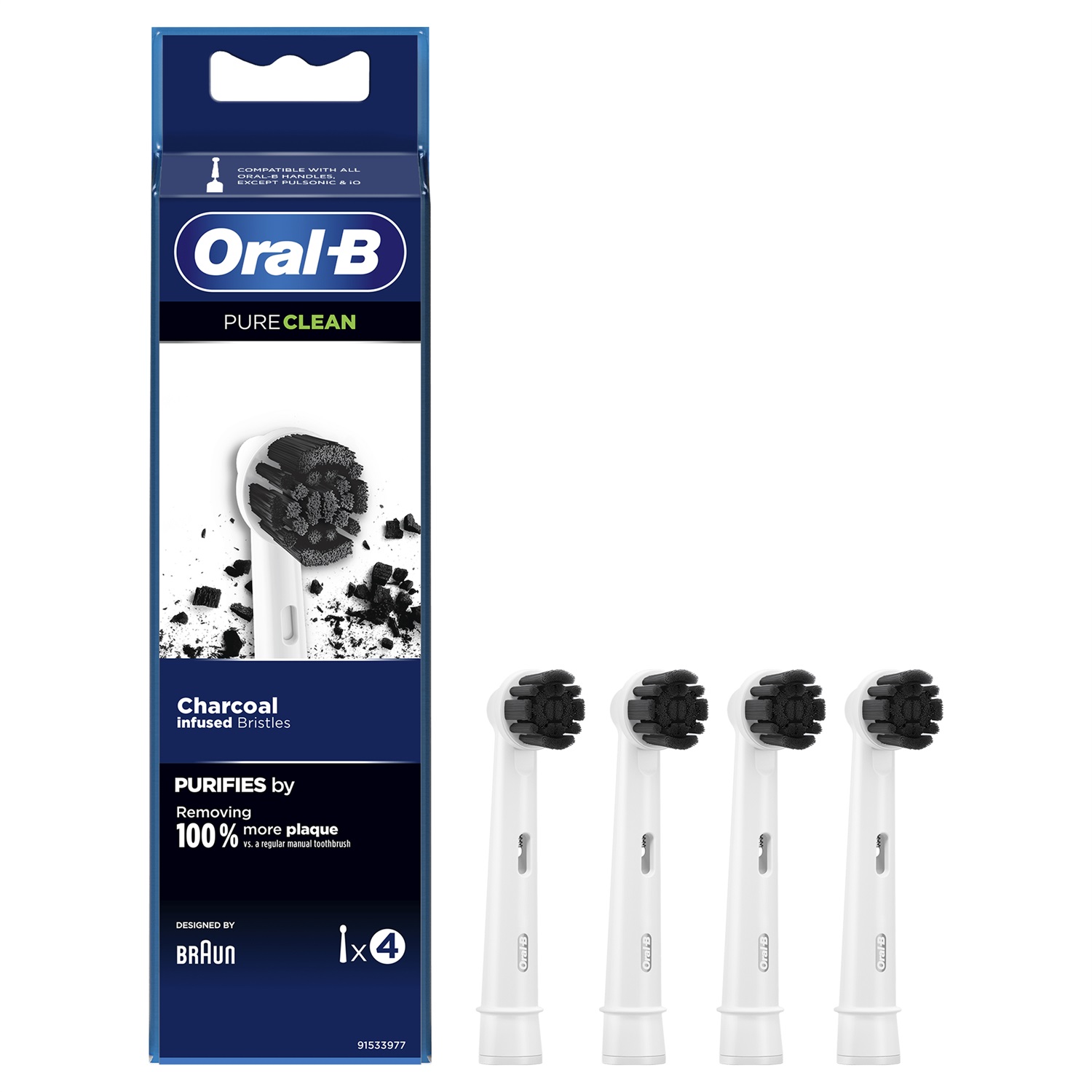 Oral-B Testina Di Ricambio Precision Clean Pure Clean Carbone, Confezione Da 4 - Setole Arricchite con Carbone per Rimozione Placca Efficace