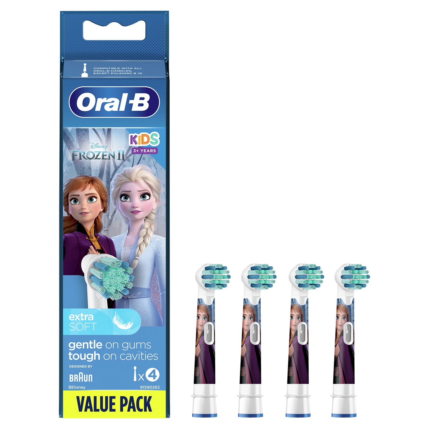 Oral-B Kids Frozen II Testine di Ricambio per Spazzolino Elettrico - 4 Pezzi, Setole Extra Morbide, Design Ispirato ai Personaggi di Frozen, Per Bambini 3 Anni