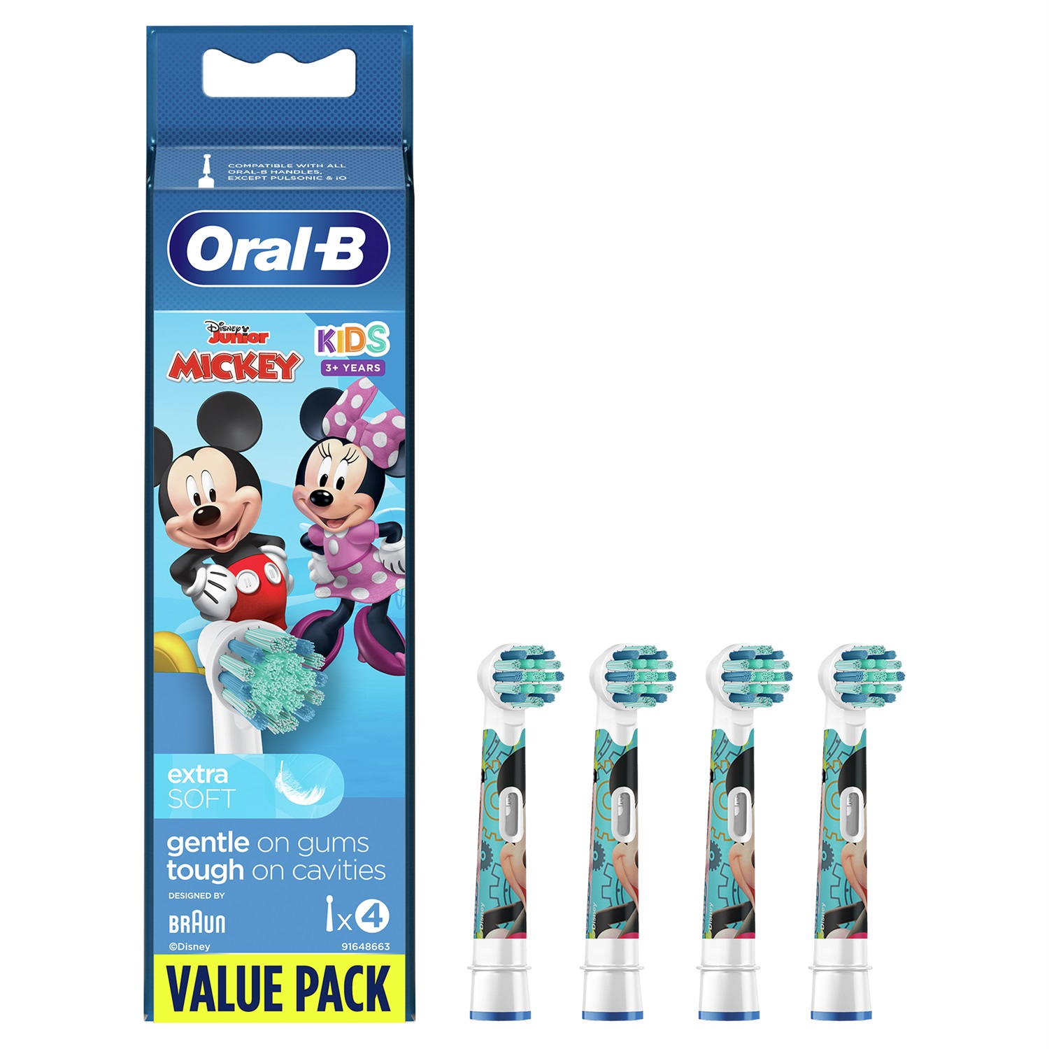 Oral-B Kids Testine di Ricambio per Spazzolino Elettrico, 4 Pezzi, Setole Extra Morbide, Tema Disney (Cars/Mickey/Princess)