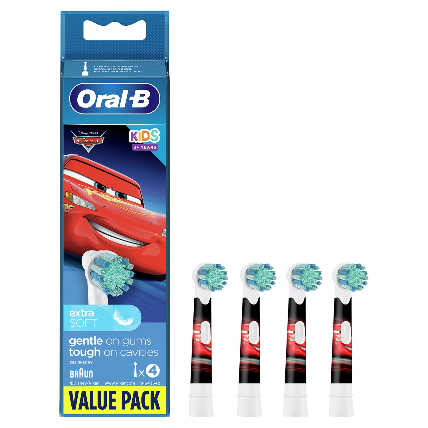 Oral-B Kids Testine di Ricambio per Spazzolino Elettrico, 4 Pezzi, Setole Extra Morbide, Tema Disney (Cars/Mickey/Princess)
