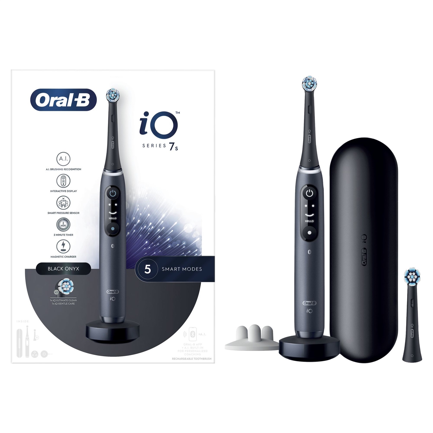 Oral-B iO 7S Spazzolino Elettrico Ricaricabile Nero con 2 Testine, Custodia Da Viaggio e Tecnologia Magnetica