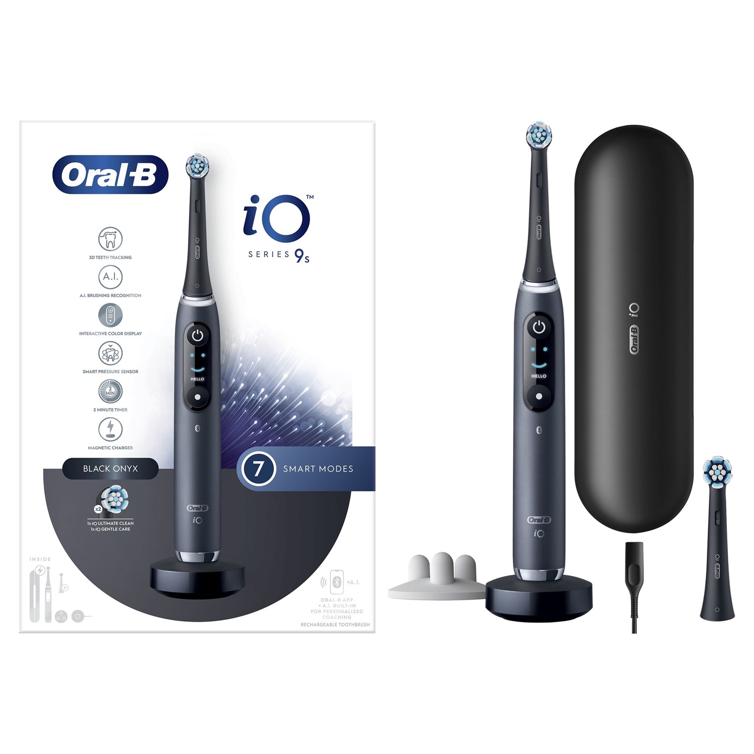 Oral-B iO 9S Spazzolino Elettrico Ricaricabile Nero con 2 Testine, Custodia Da Viaggio Ricaricabile, Tecnologia Magnetica e Display Interattivo