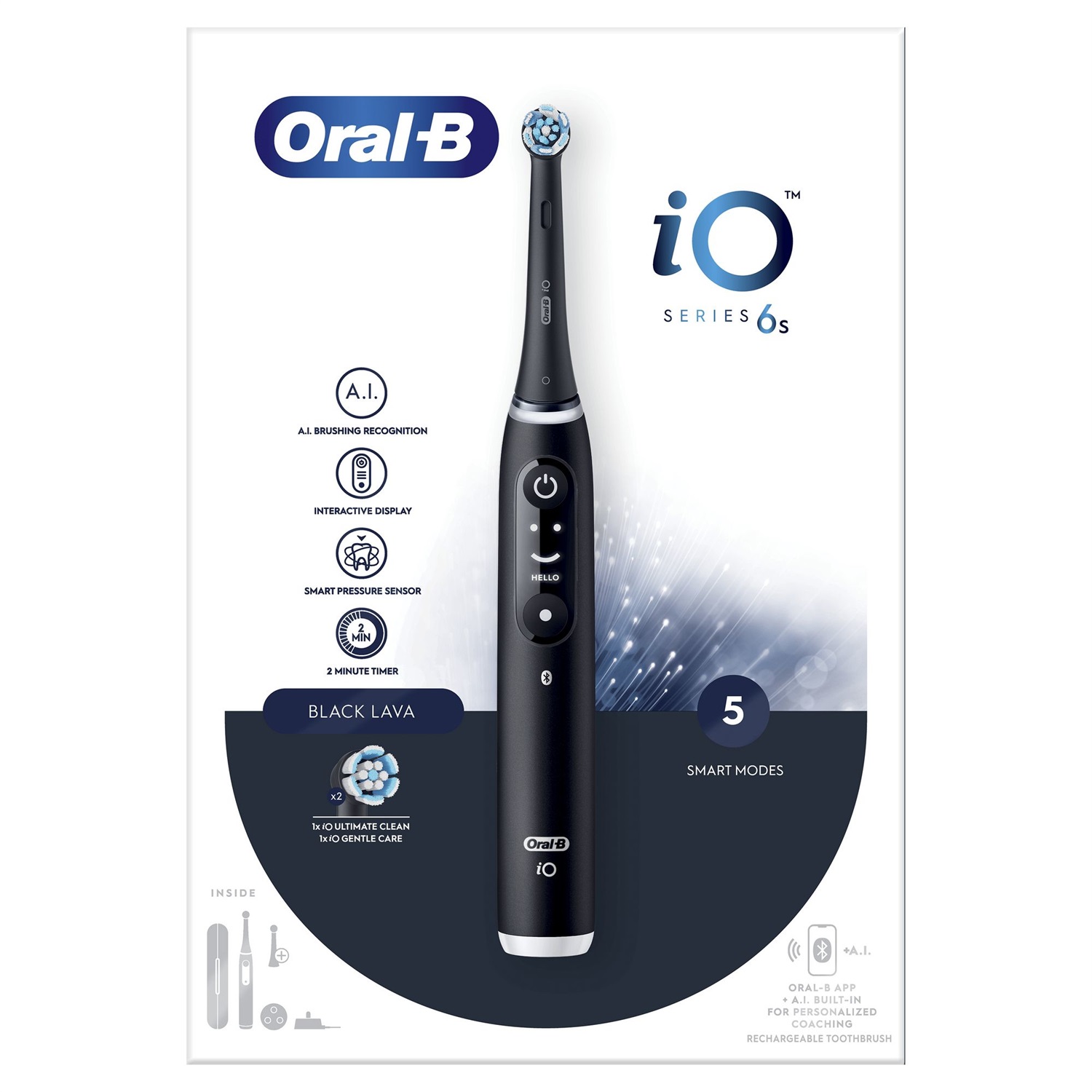 Oral-B iO Series 6 Spazzolino Elettrico Nero con 2 Testine di Ricambio e Custodia da Viaggio