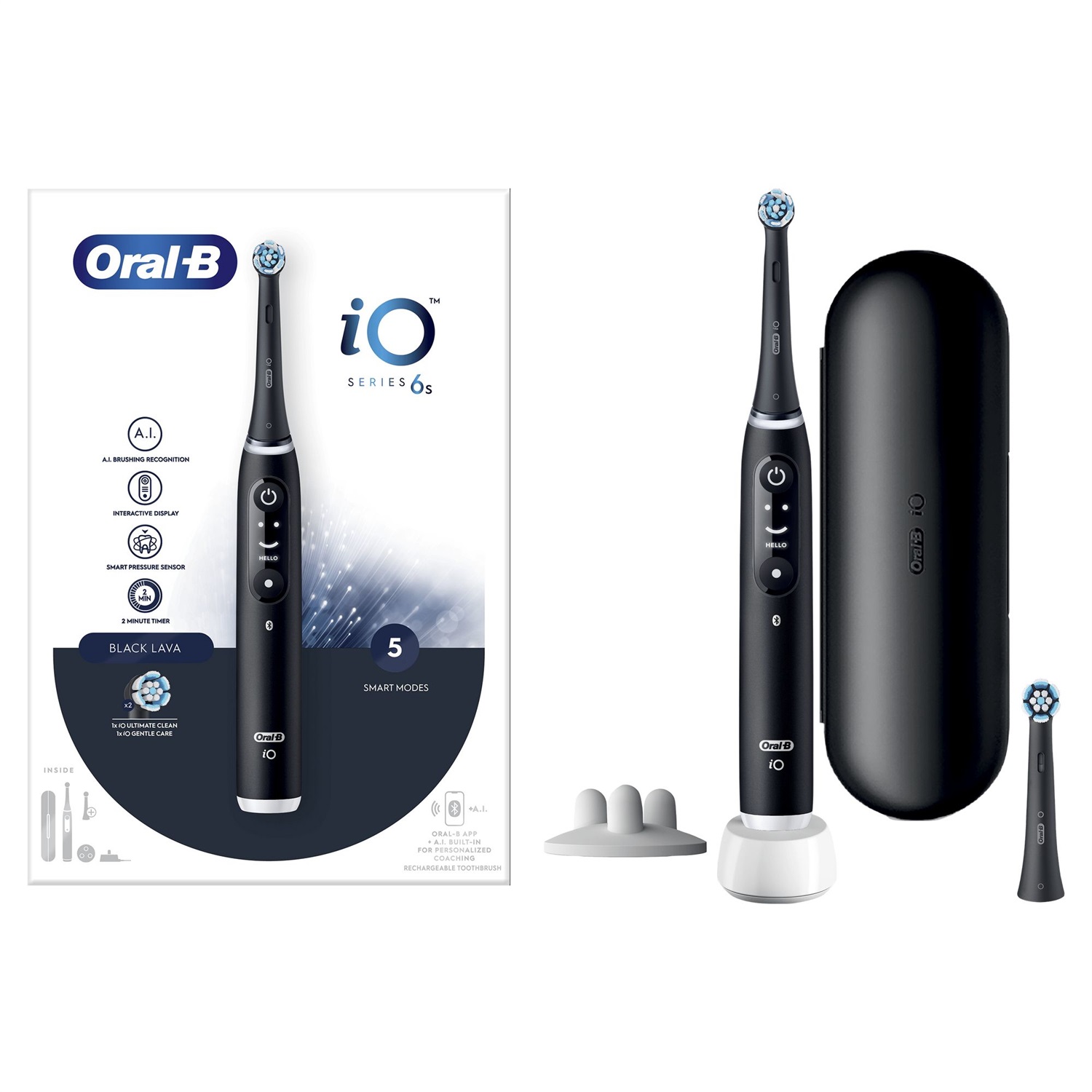 Oral-B iO Series 6 Spazzolino Elettrico Nero con 2 Testine di Ricambio e Custodia da Viaggio
