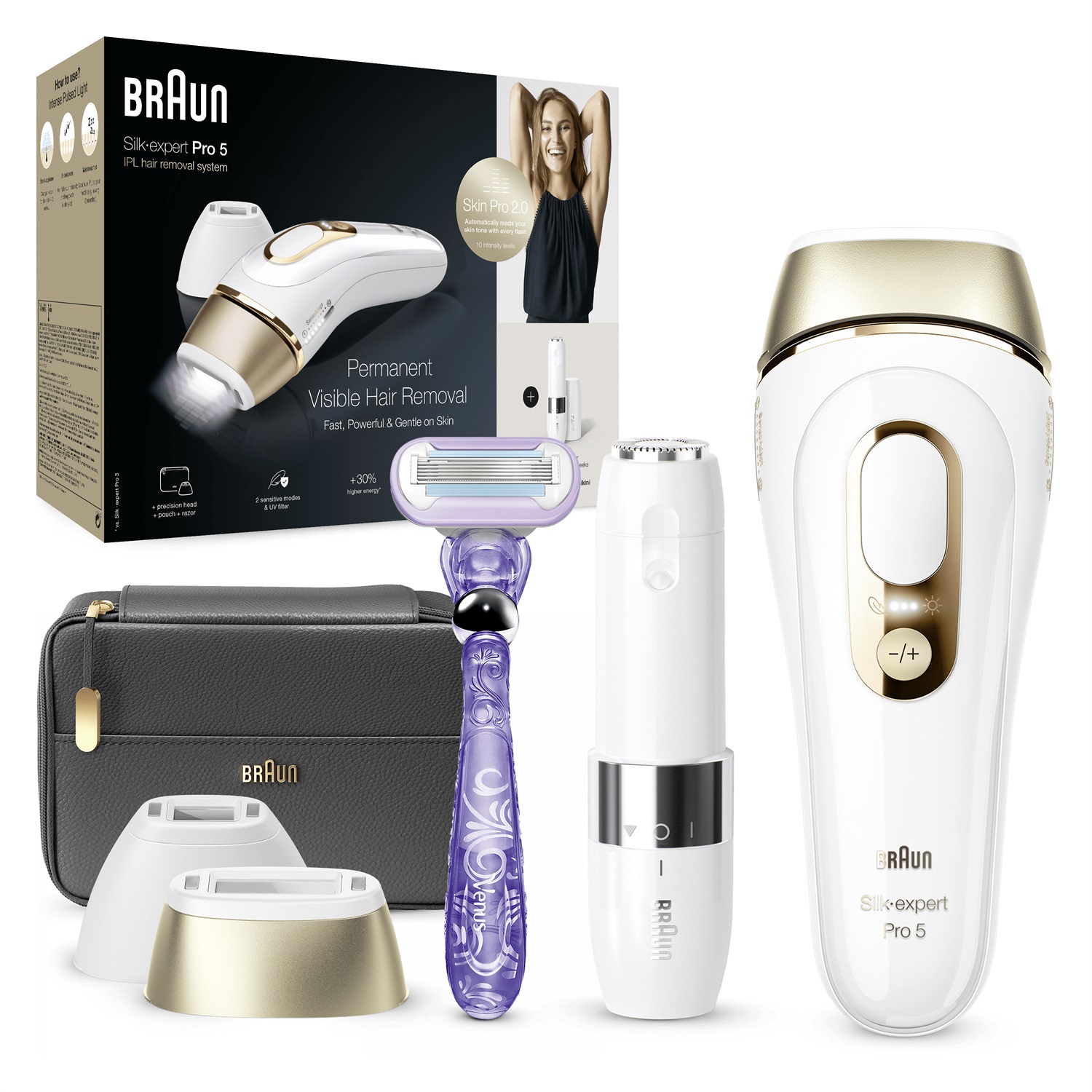 Braun Silk-expert Pro 5 IPL5149 - Epilatore IPL Donna/Uomo con Luce Pulsata Intensa, Testa di Precisione Ampia e Rasoio Venus, Bianco/Oro