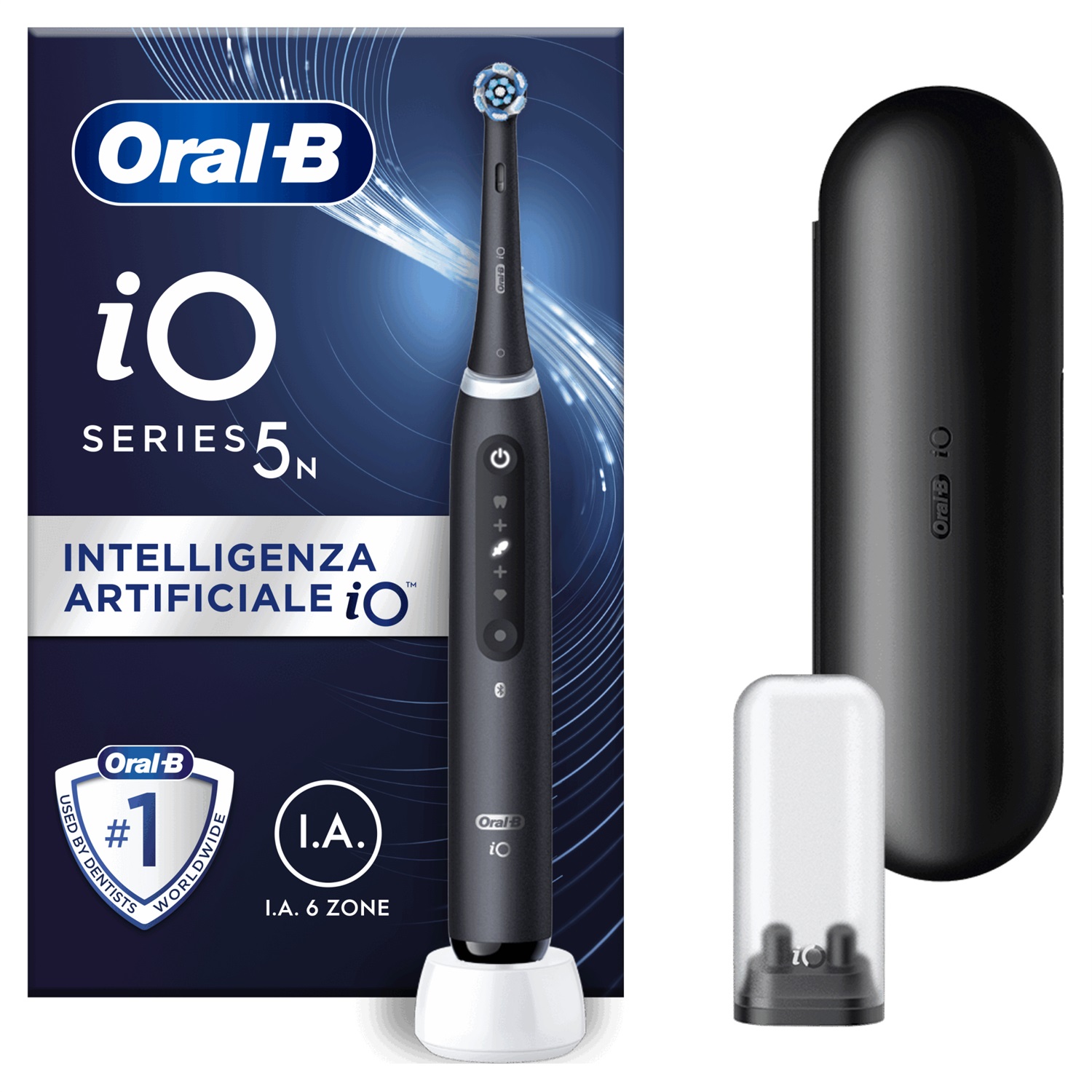 Oral-B iO 5N Spazzolino Elettrico Ricaricabile Nero con Sensore di Pressione, Intelligenza Artificiale, 5 Modalità di Spazzolamento, Custodia da Viaggio e Testina Inclusa