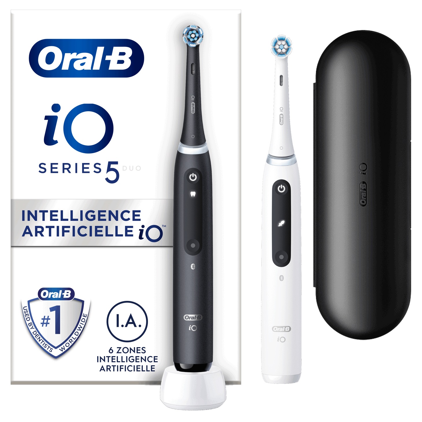 Oral-B Spazzolino Elettrico Ricaricabile iO 5N - Sensore di Pressione, Intelligenza Artificiale, 5 Modalità di Spazzolamento, 2 Spazzolini, 2 Testine, Custodia da Viaggio, Nero e Bianco