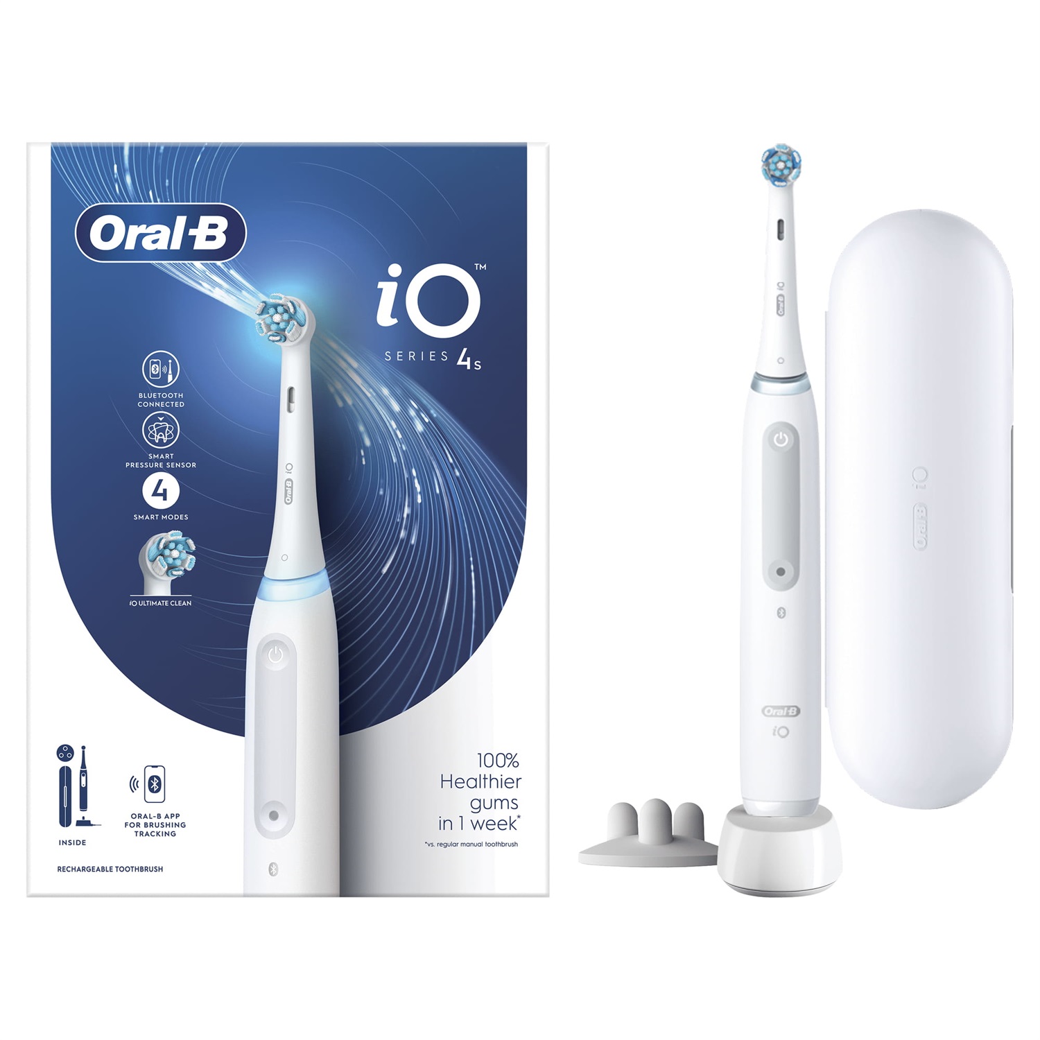 Braun Oral-B iO Spazzolino Elettrico Ricaricabile 4S Bianco - 1 Testina, 1 Custodia Da Viaggio, Tecnologia 2D, Sensore di Pressione