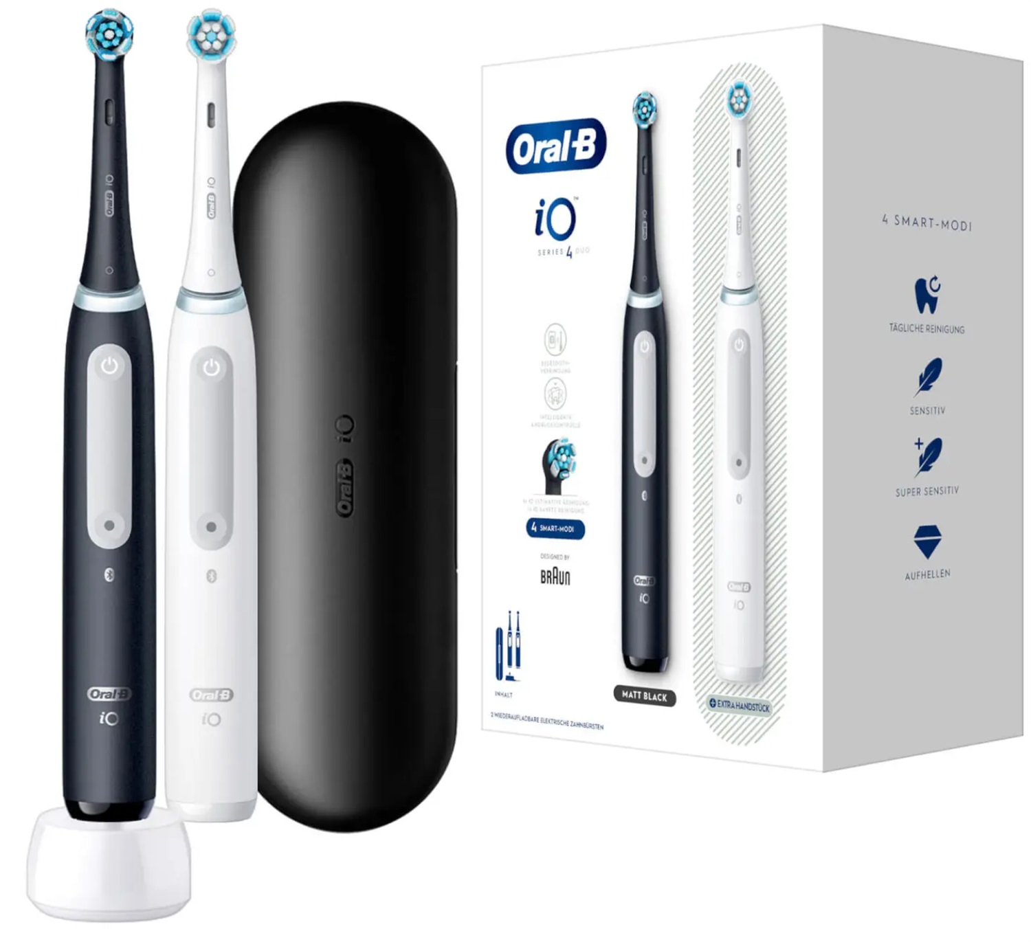 Oral-B iO Series 4 Duo Spazzolino Elettrico a Vibrazione per Adulti, Nero e Bianco, 4 Modalità di Pulizia, 2 Testine di Ricambio e Custodia da Viaggio