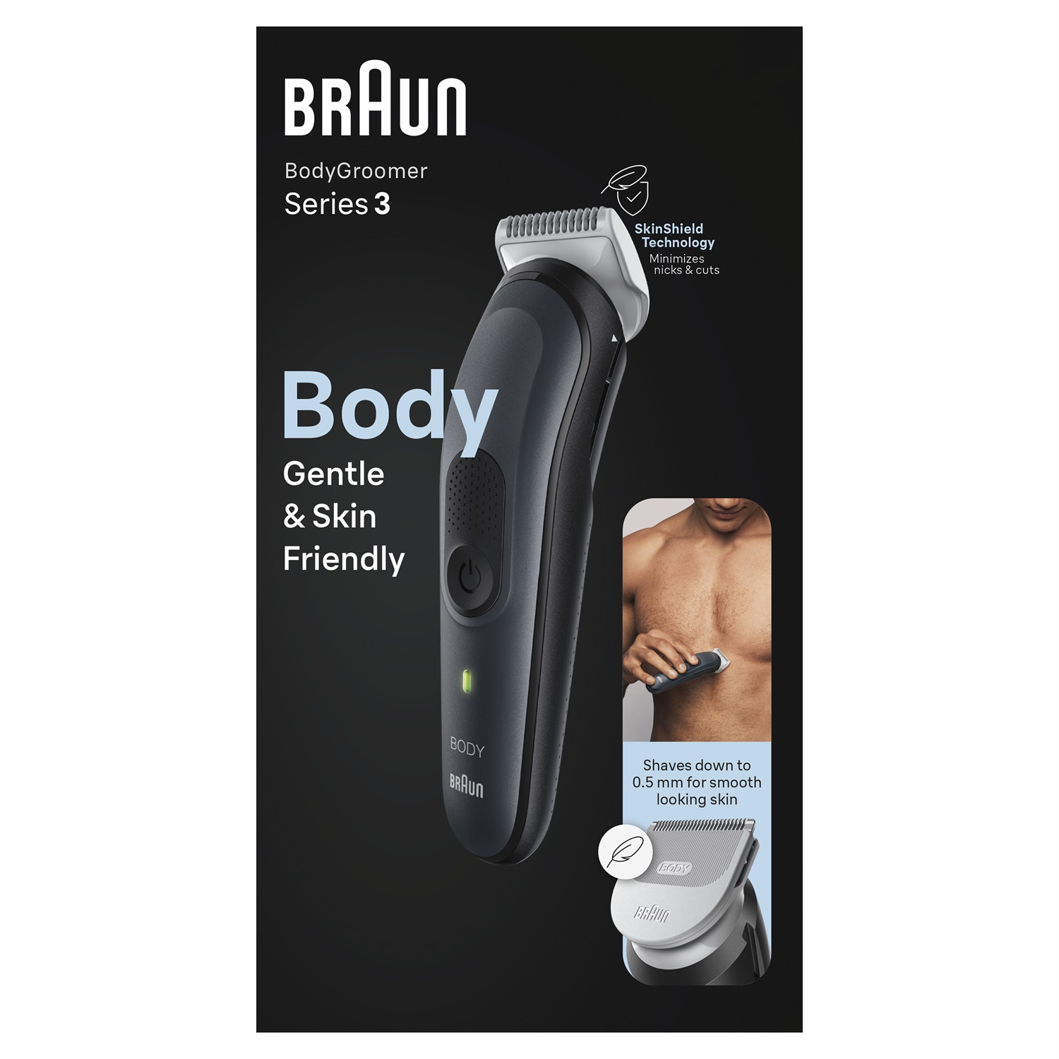 Braun BodyGroomer BG3340 Rifinitore Corpo Nero/Grigio - Ricaricabile, Autonomia 80 Minuti, Tecnologia SkinShield