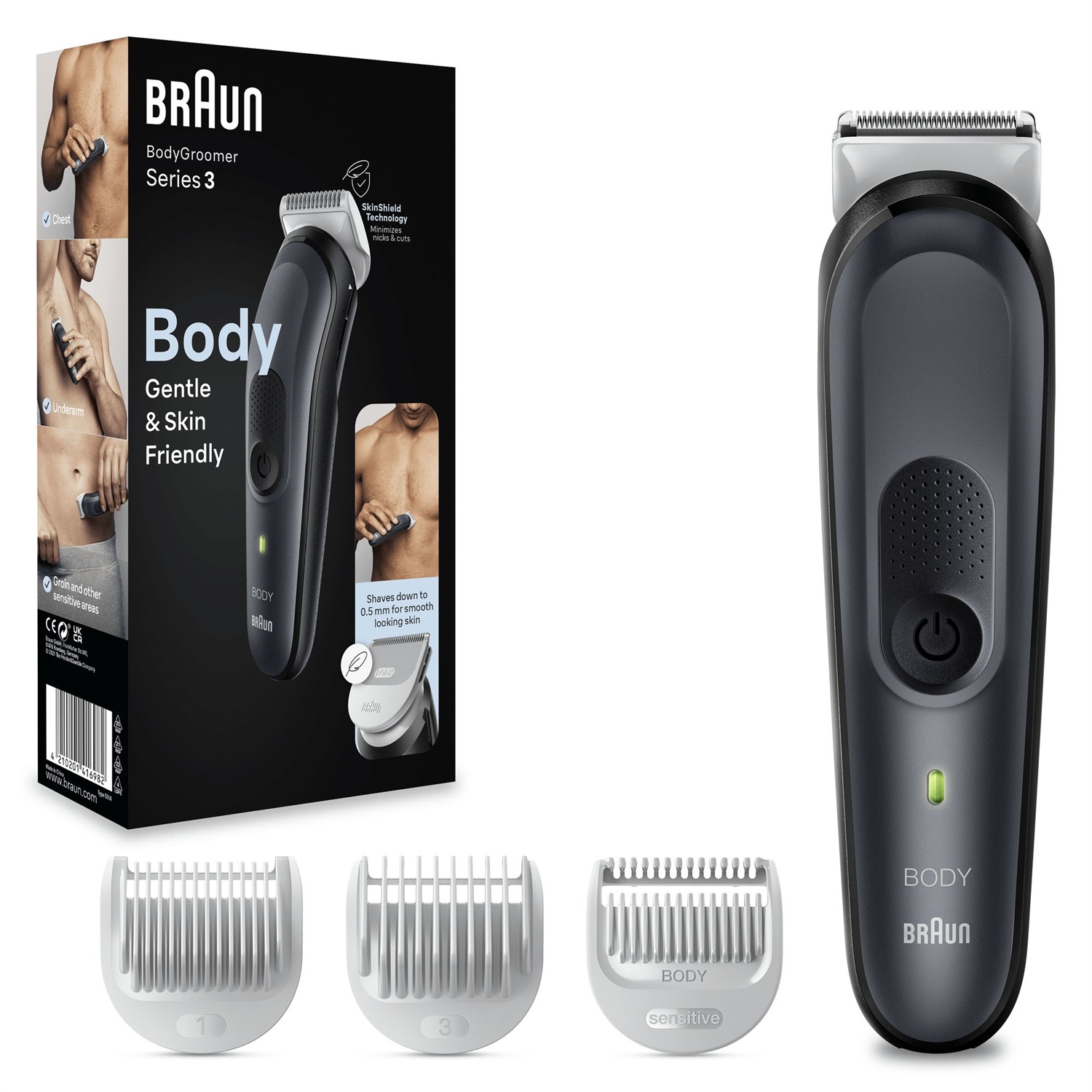 Braun BodyGroomer BG3340 Rifinitore Corpo Nero/Grigio - Ricaricabile, Autonomia 80 Minuti, Tecnologia SkinShield