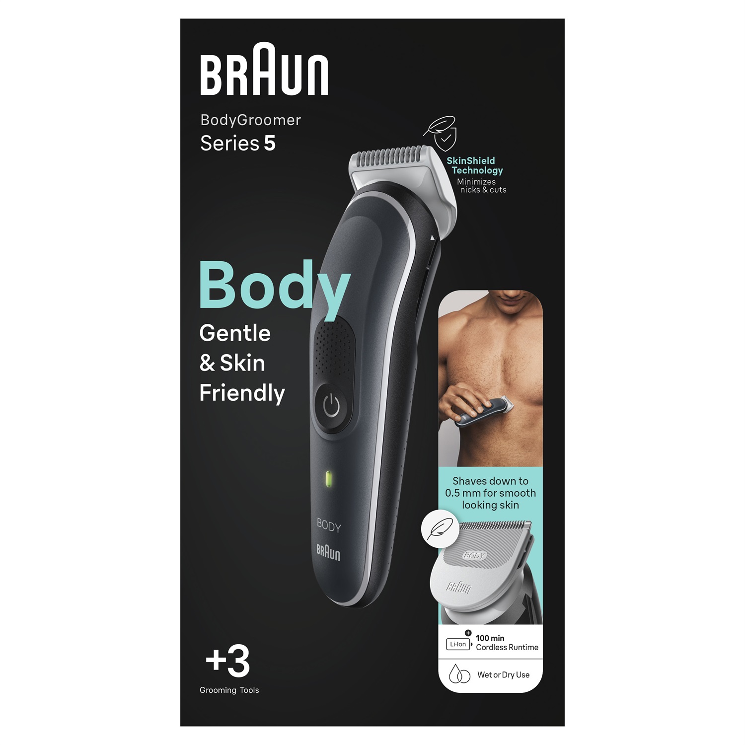 Braun BodyGroomer 5 BG5340 - Rifinitore Corpo Uomo Impermeabile con Tecnologia SkinShield, Pettini da 3 a 11 mm, 100 Min Autonomia