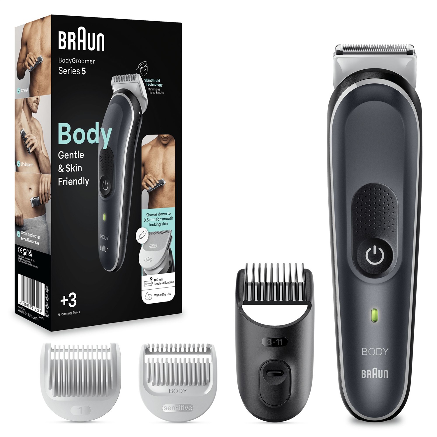 Braun BodyGroomer 5 BG5340 - Rifinitore Corpo Uomo Impermeabile con Tecnologia SkinShield, Pettini da 3 a 11 mm, 100 Min Autonomia