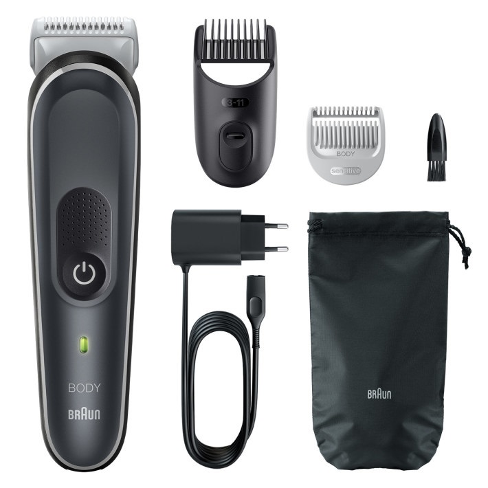 Braun BG5350 Body Groomer 5 - Rasoio Elettrico Corpo Uomo Wet and Dry, Nero e Argento, Autonomia 100 min, Ricarica 60 min, Accessori Inclusi