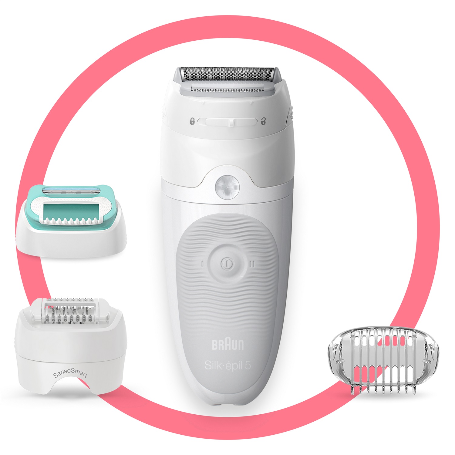 Braun Silk-épil 5 Epilatore Elettrico Donna con 28 Pinzette, Rasoio e Trimmer, Massaggio per Corpo, Borsa Inclusa, Bianco/Grigio