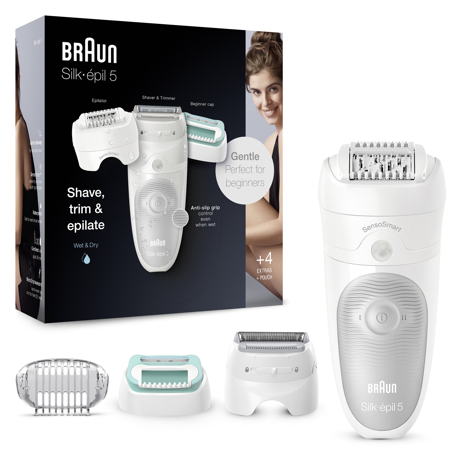 Braun Silk-épil 5 Epilatore Elettrico Donna con 28 Pinzette, Rasoio e Trimmer, Massaggio per Corpo, Borsa Inclusa, Bianco/Grigio