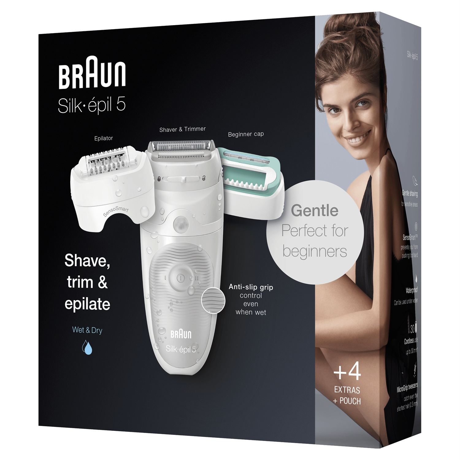 Braun Silk-épil 5 Epilatore Elettrico Donna con 28 Pinzette, Rasoio e Trimmer, Massaggio per Corpo, Borsa Inclusa, Bianco/Grigio