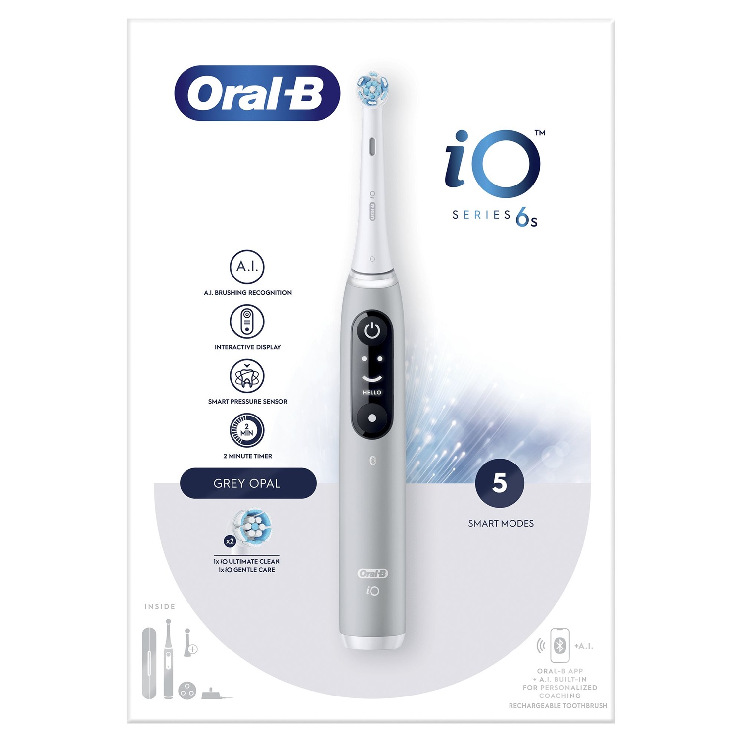Oral-B iO 6S Spazzolino Elettrico Ricaricabile Grigio con 2 Testine e Custodia Da Viaggio - Modalità Sensibile, Sbiancante e Pulito Profondo