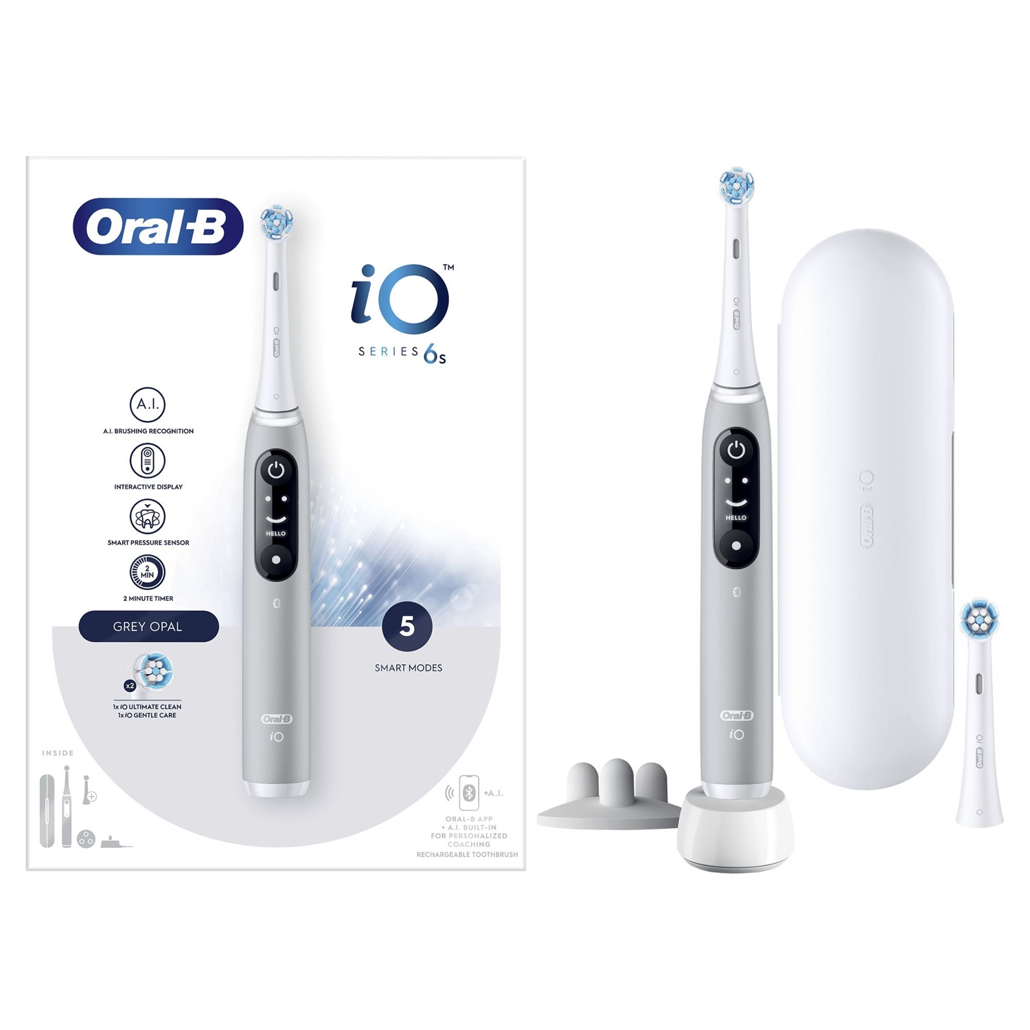 Oral-B iO 6S Spazzolino Elettrico Ricaricabile Grigio con 2 Testine e Custodia Da Viaggio - Modalità Sensibile, Sbiancante e Pulito Profondo