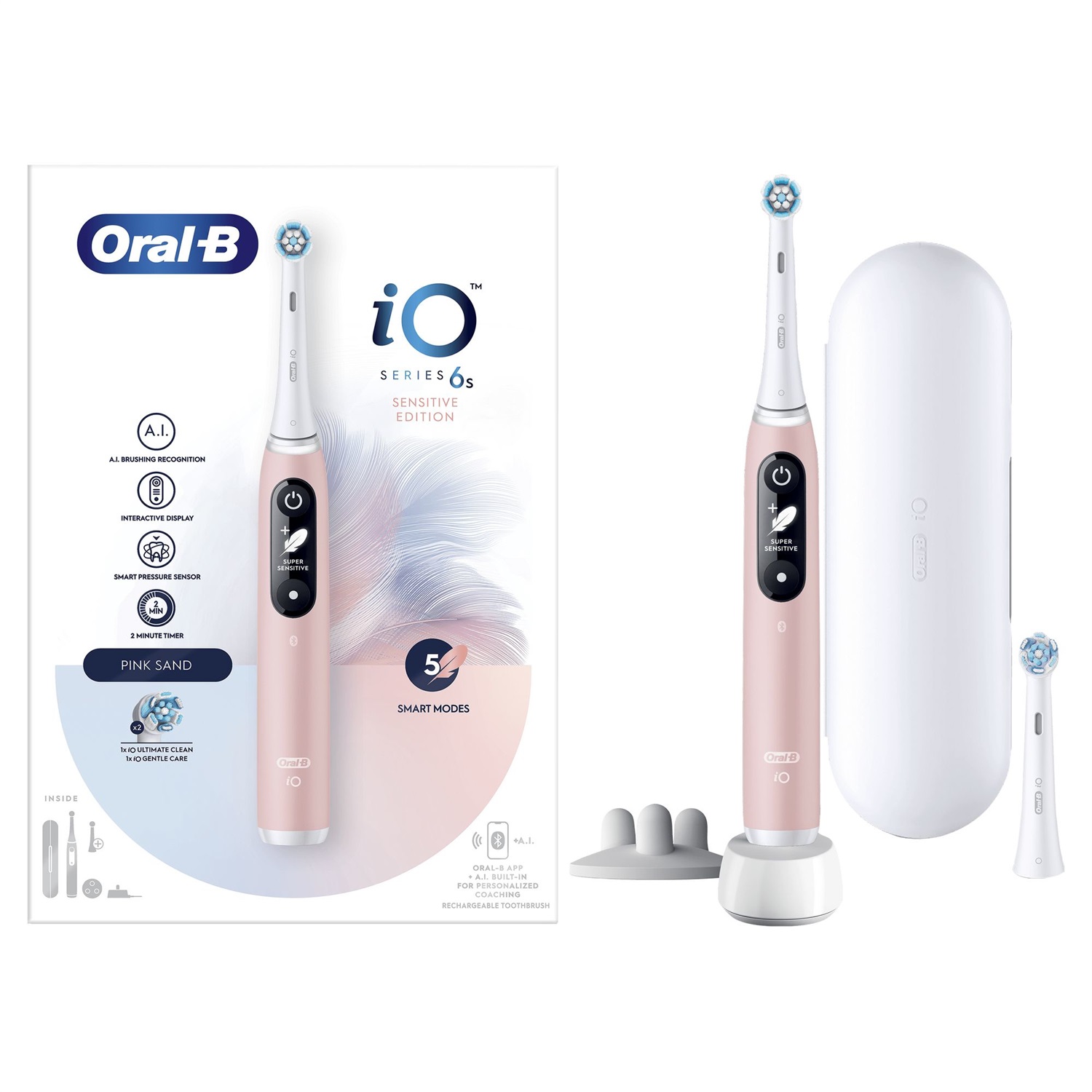 Oral-B iO 6S Spazzolino Elettrico Ricaricabile Rosa con 2 Testine, Custodia da Viaggio e Tecnologia di Microvibrazione