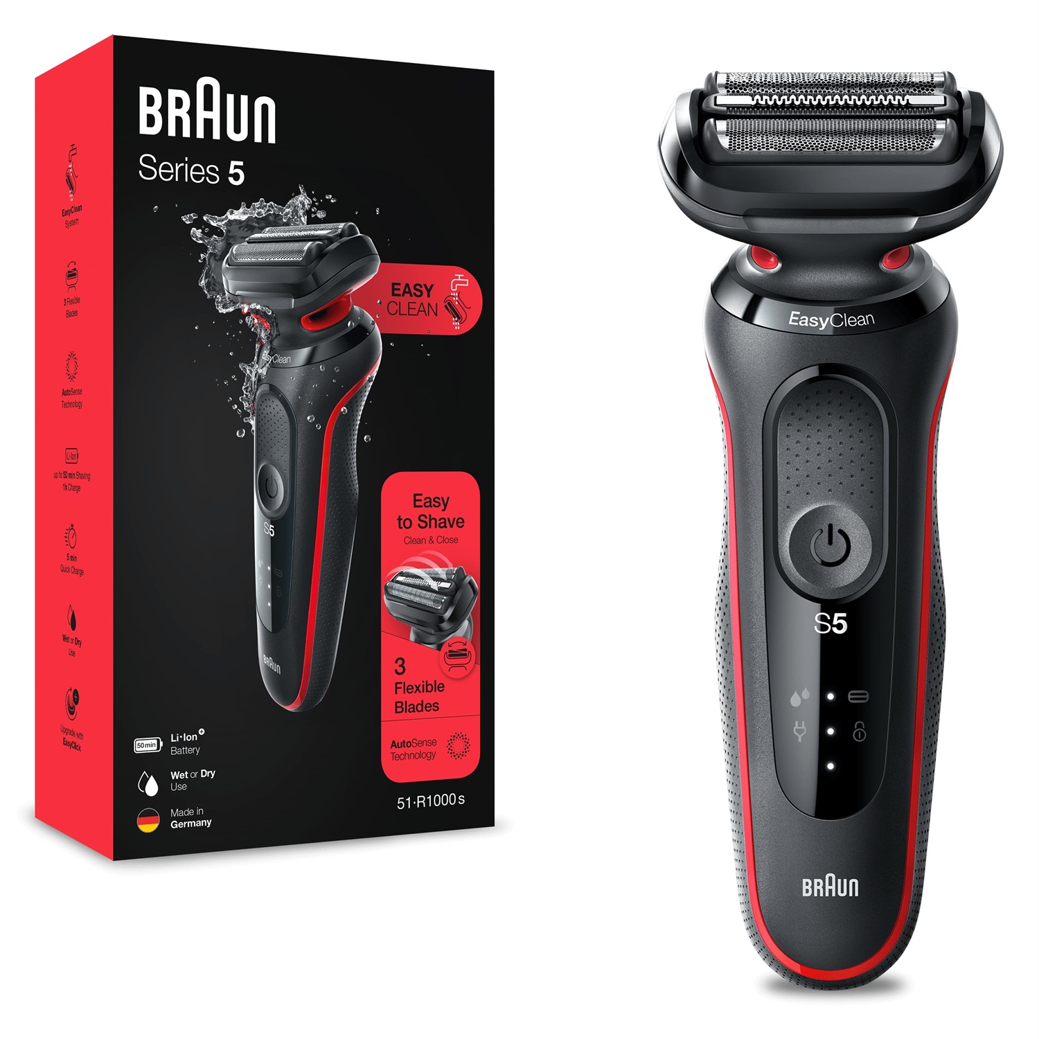Braun Series 5 51-R1000s Rasoio Elettrico Uomo, EasyClean, Wet&Dry, Ricaricabile, A Lamina Senza Fili, 3 Lame Flessibili, Rosso