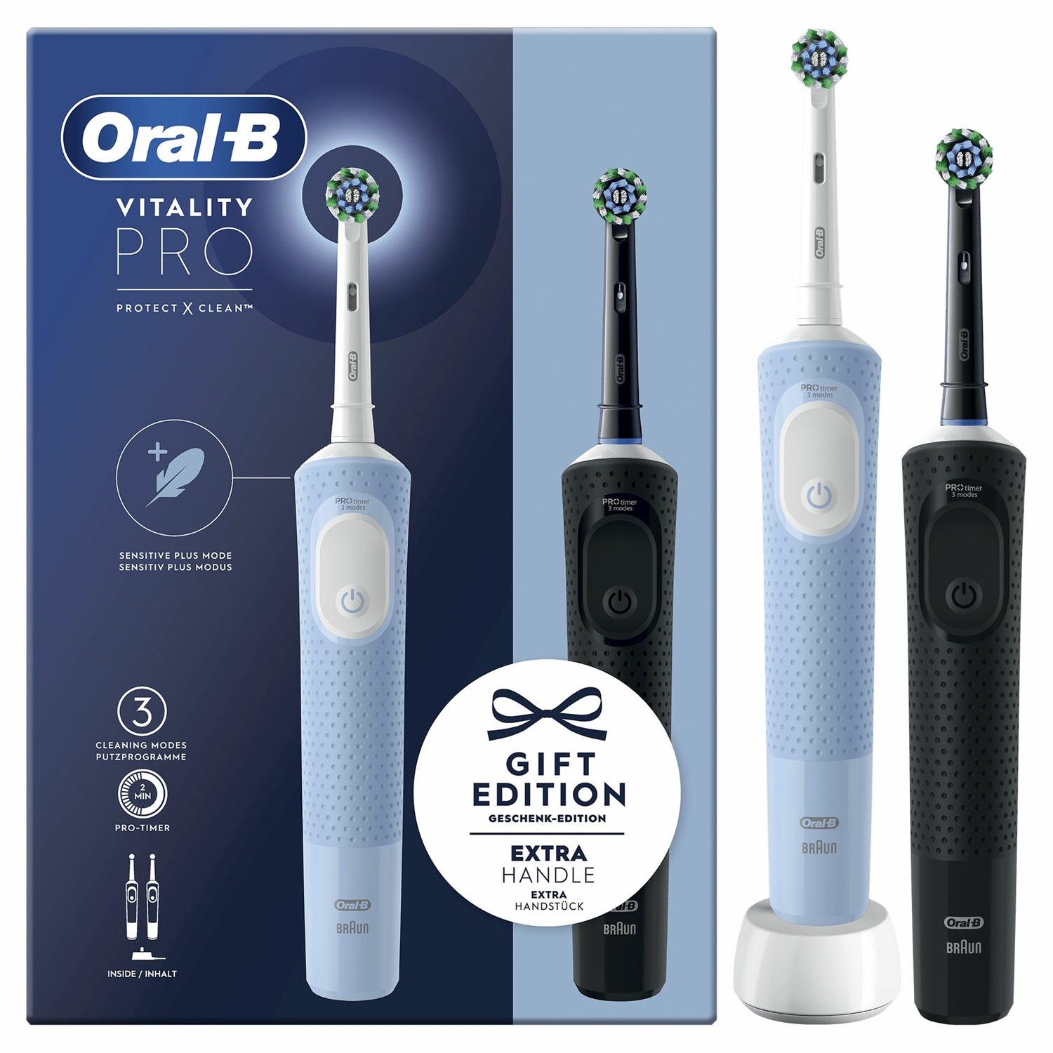 Oral-B Vitality Pro Duo Spazzolino Elettrico Ricaricabile con 2 Testine - Pulizia Profonda, Delicato sulle Gengive, 3 Modalità di Spazzolamento - Nero, Blu, Bianco