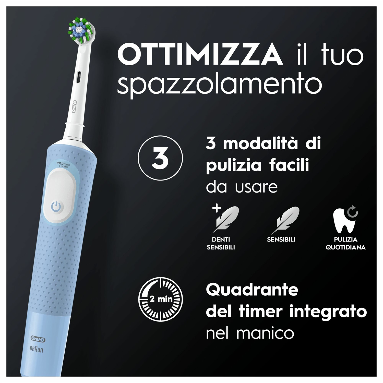 Oral-B Vitality Pro Duo Spazzolino Elettrico Ricaricabile con 2 Testine - Pulizia Profonda, Delicato sulle Gengive, 3 Modalità di Spazzolamento - Nero, Blu, Bianco
