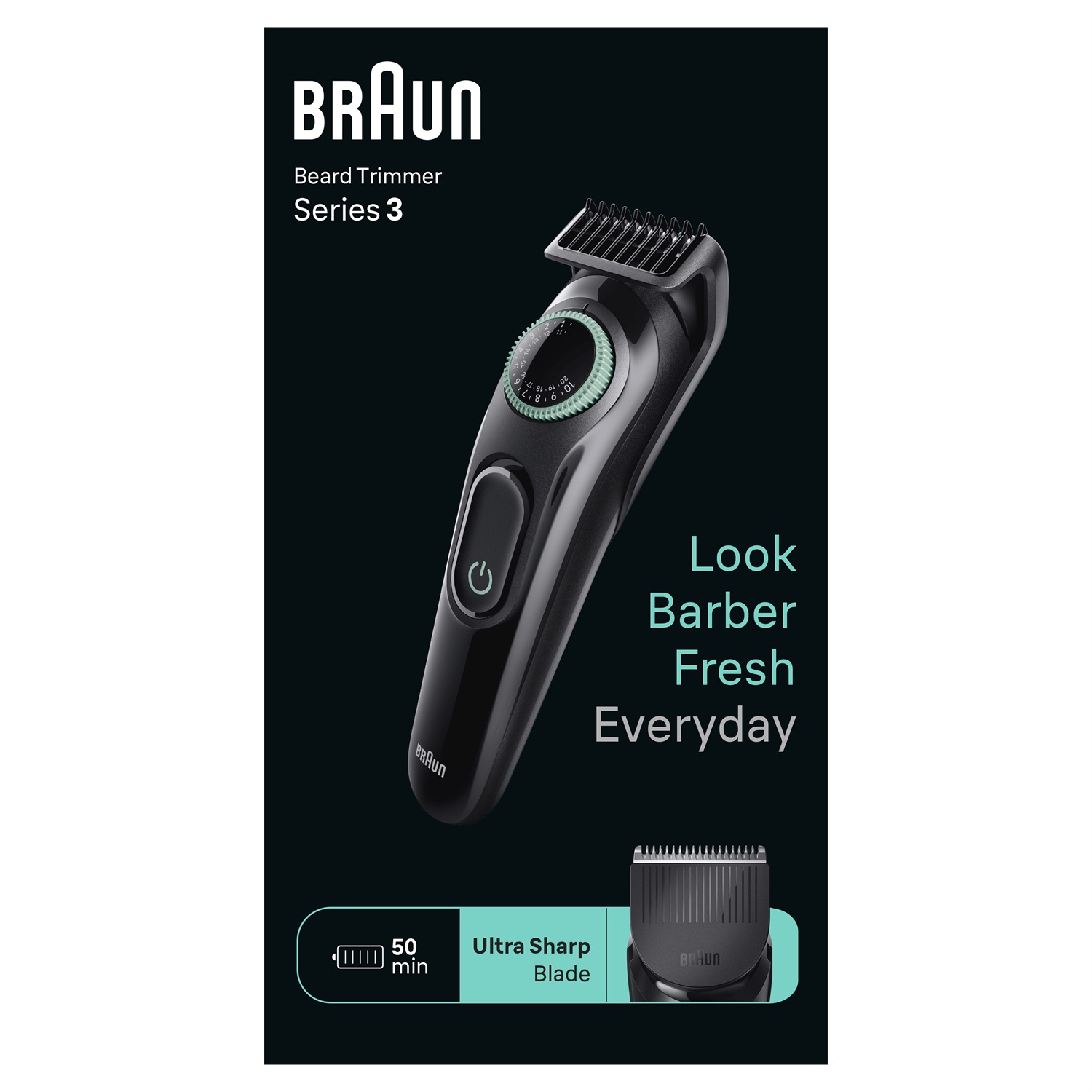 Braun BeardTrimmer 3 BT3421 - Regolabarba Elettrico Nero con Lama Ultra Affilata, 40 Lunghezze, 50 Minuti di Utilizzo Senza Fili