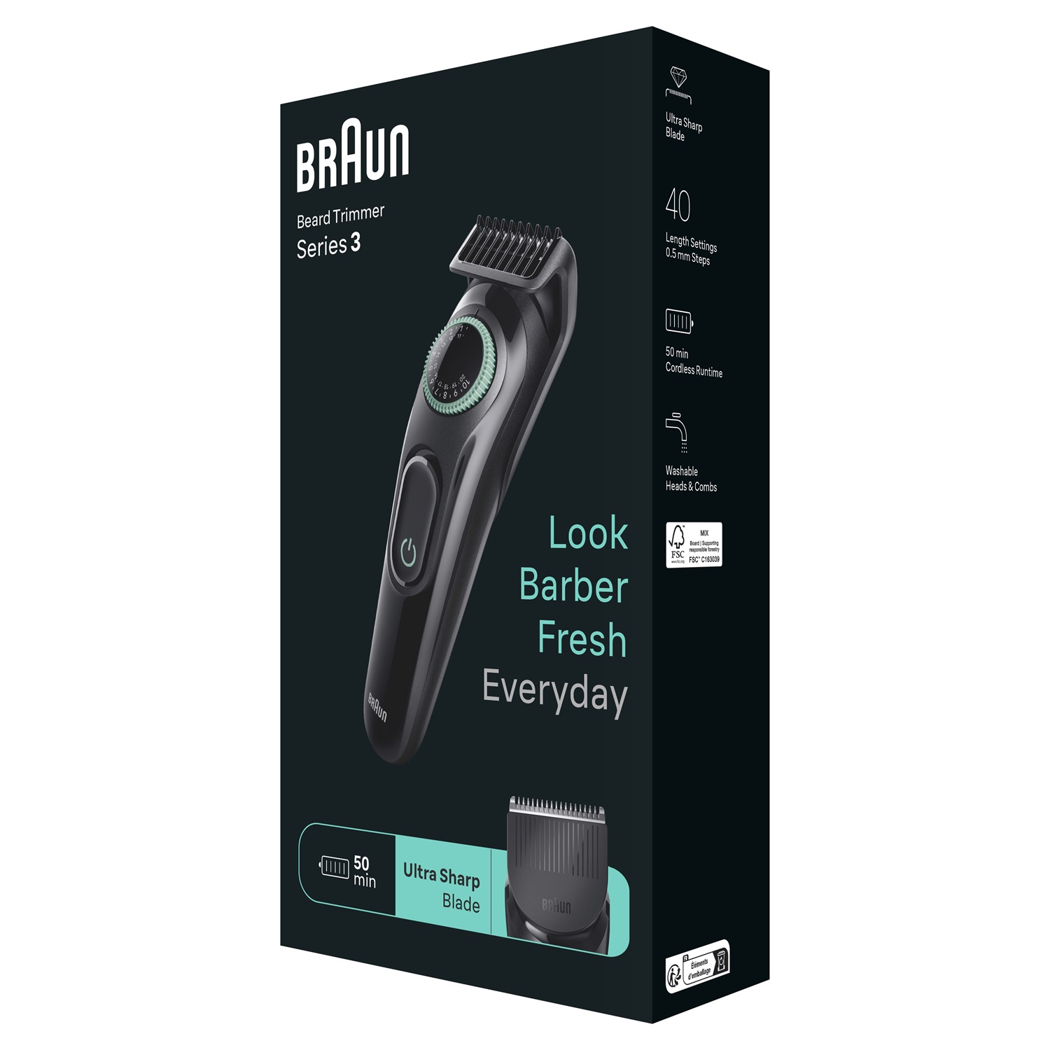 Braun BeardTrimmer 3 BT3421 - Regolabarba Elettrico Nero con Lama Ultra Affilata, 40 Lunghezze, 50 Minuti di Utilizzo Senza Fili