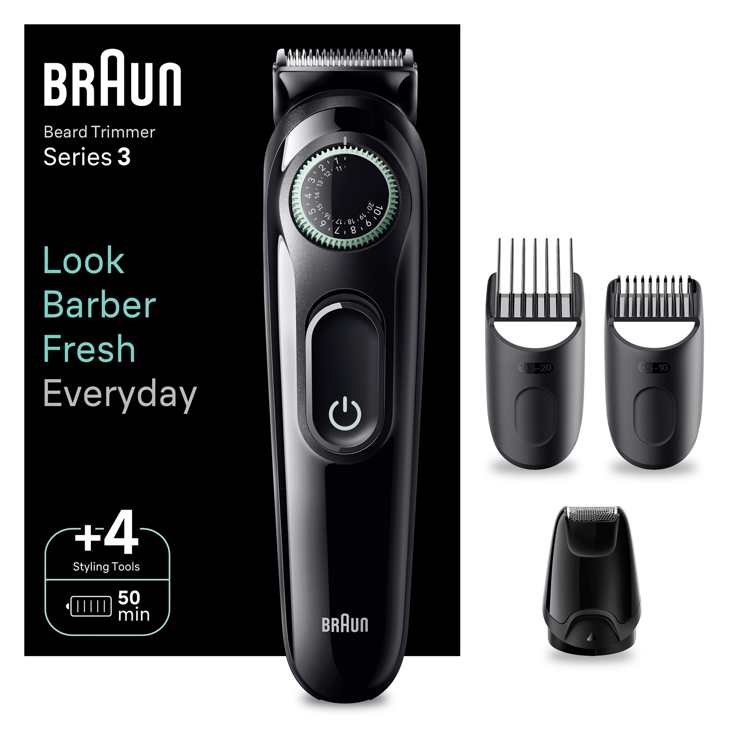 Braun BeardTrimmer 3 BT3421 - Regolabarba Elettrico Nero con Lama Ultra Affilata, 40 Lunghezze, 50 Minuti di Utilizzo Senza Fili