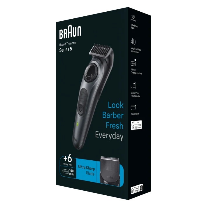 Braun Series 5 BT5450 Rasoi Elettrici e Regolabarba con Lama Ultra Affilata, 40 Lunghezze, Custodia, 100 Minuti di Utilizzo Senza Fili, Nero