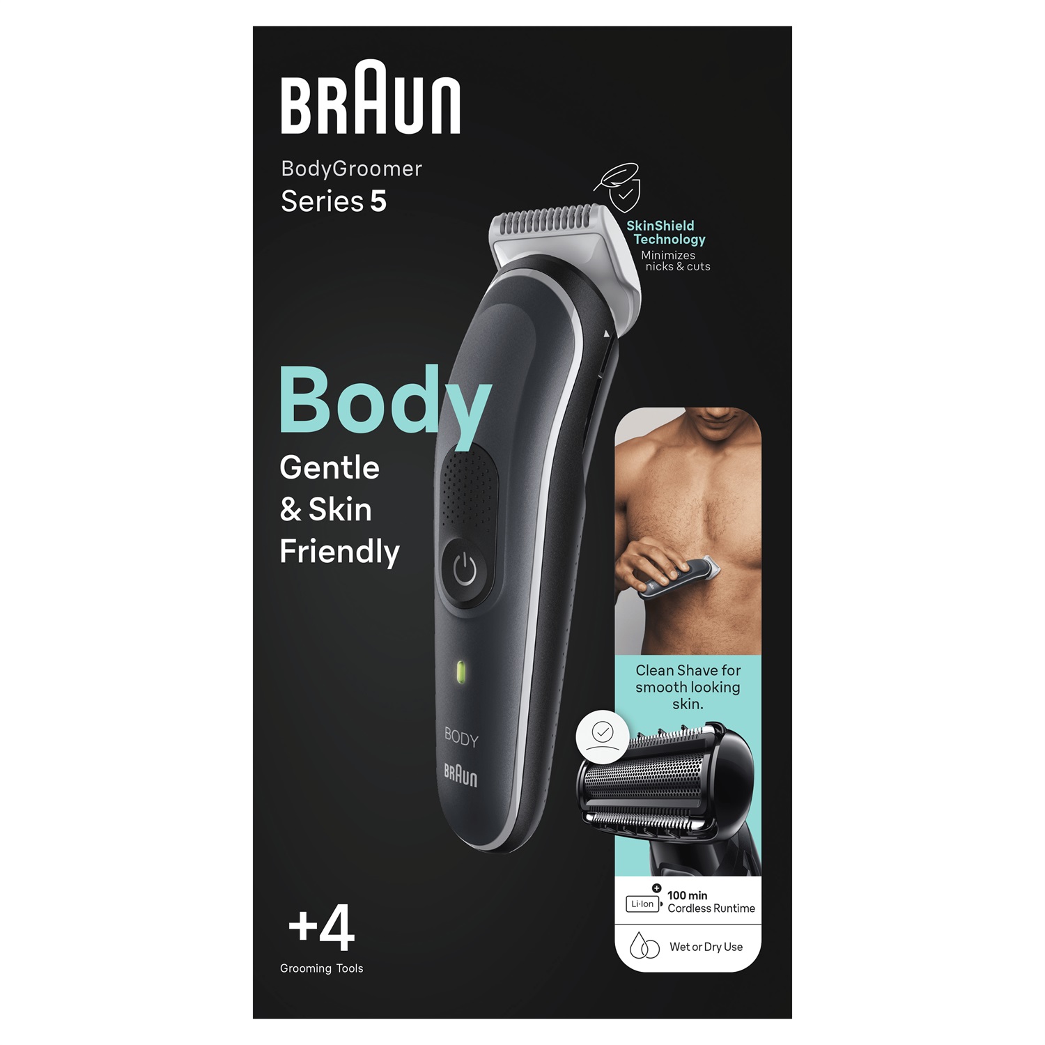 Braun BG5360 BodyGroomer - Rasoio Elettrico Wet & Dry con Tecnologia SkinShield, Autonomia di 100 Minuti, per Rasatura Delicata di Corpo Maschile