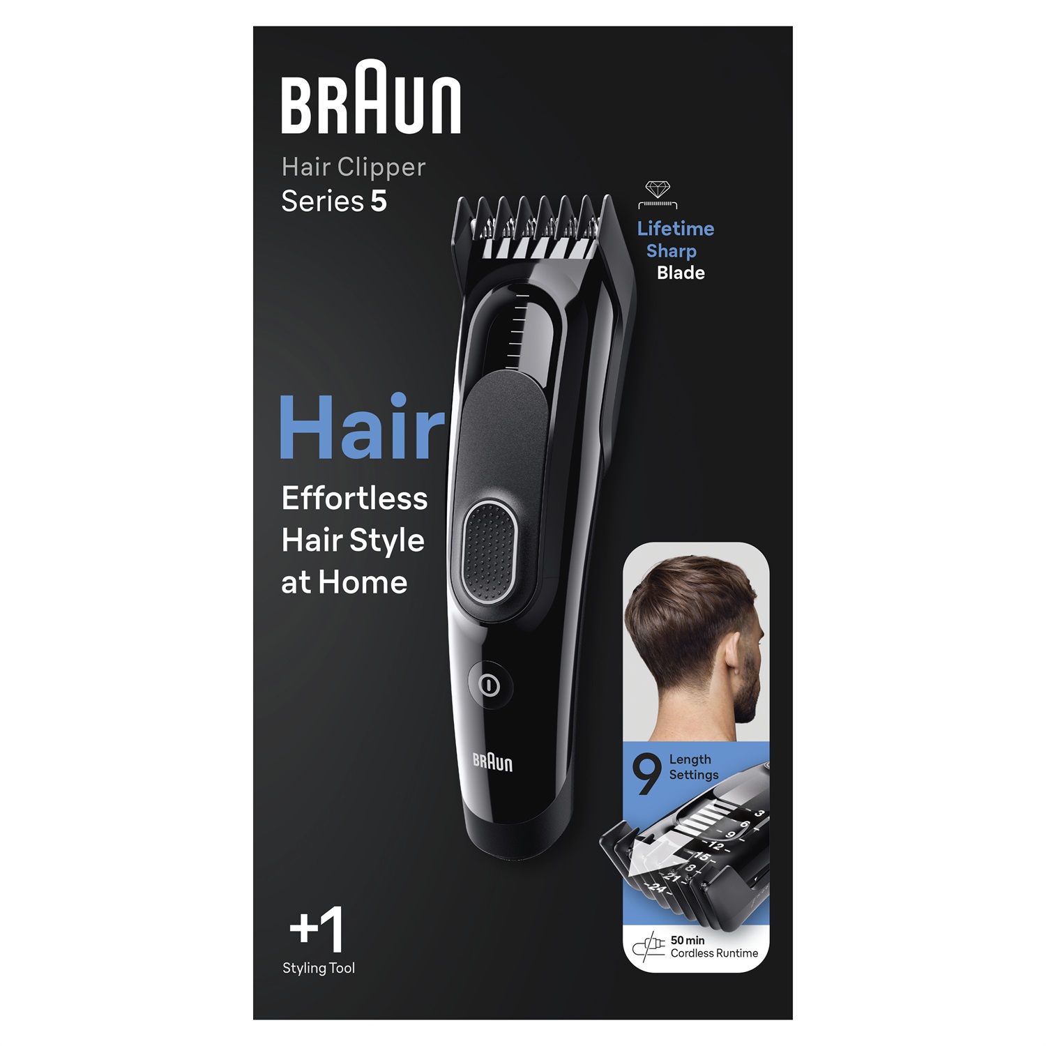 Braun Series 5 HC5310 Tagliacapelli per Uomo - Nero, 3 mm, 2,4 cm, Autonomia 50 min, Set Completo con Pettine e Pennello