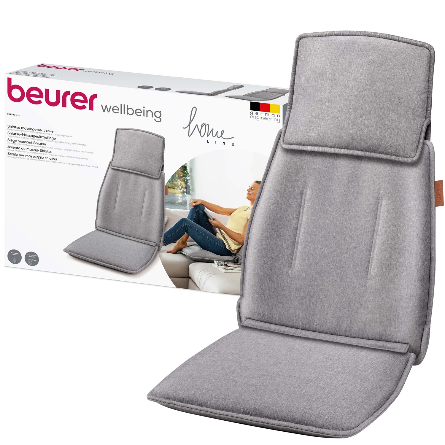 Beurer MG 330 Coprisedile Massaggiante Shiatsu Grigio con 3 Aree di Massaggio Selezionabili, Sistema di Massaggio Rotante a 4 Testine 4D, 2 Livelli di Intensità e Rivestimento Rimovibile e Lavabile