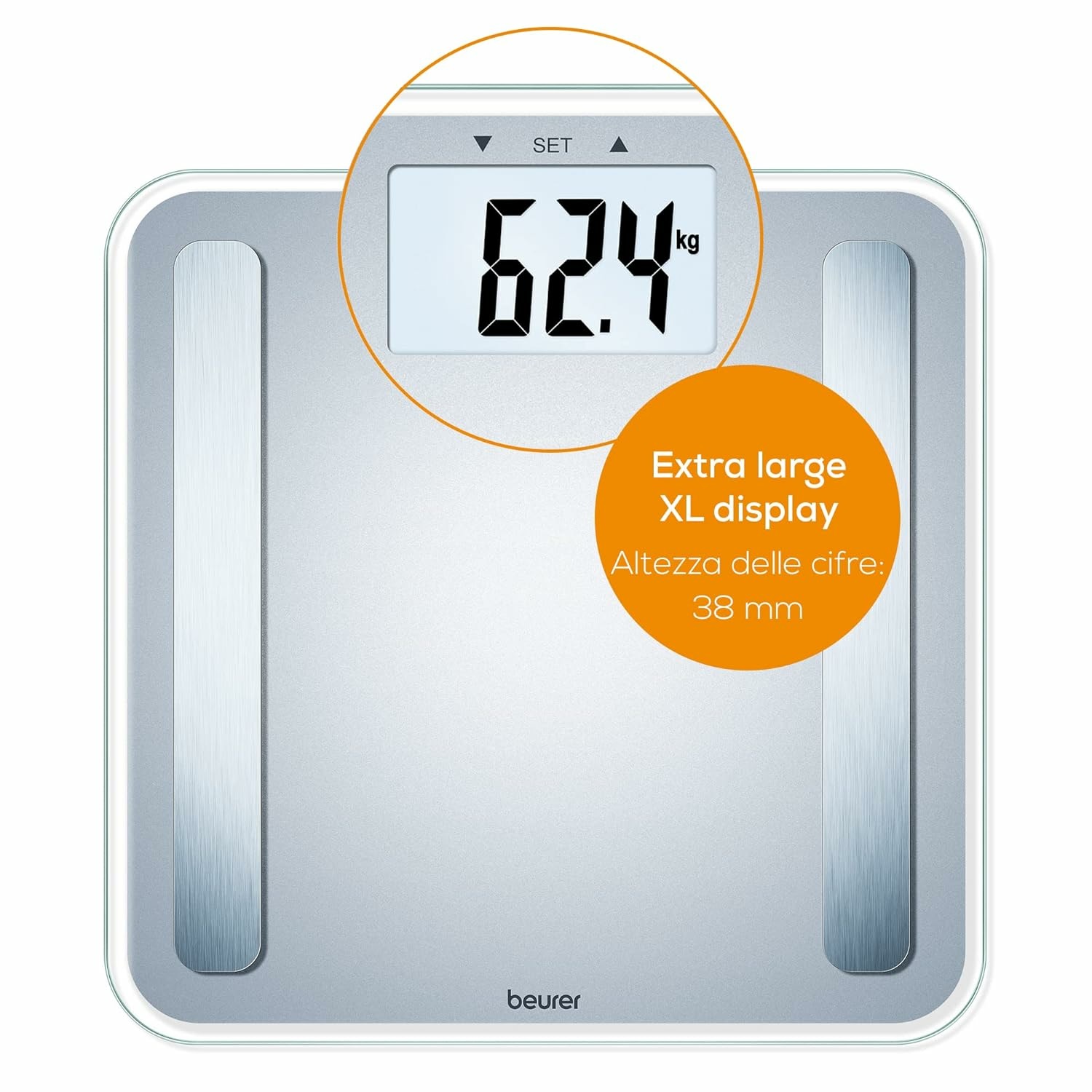 Beurer BF 183 Bilancia Diagnostica Elettronica con Display Extra Large, Portata 180 kg, Misurazione Grasso Viscerale, Età Metabolica, Massa Grassa e Acqua