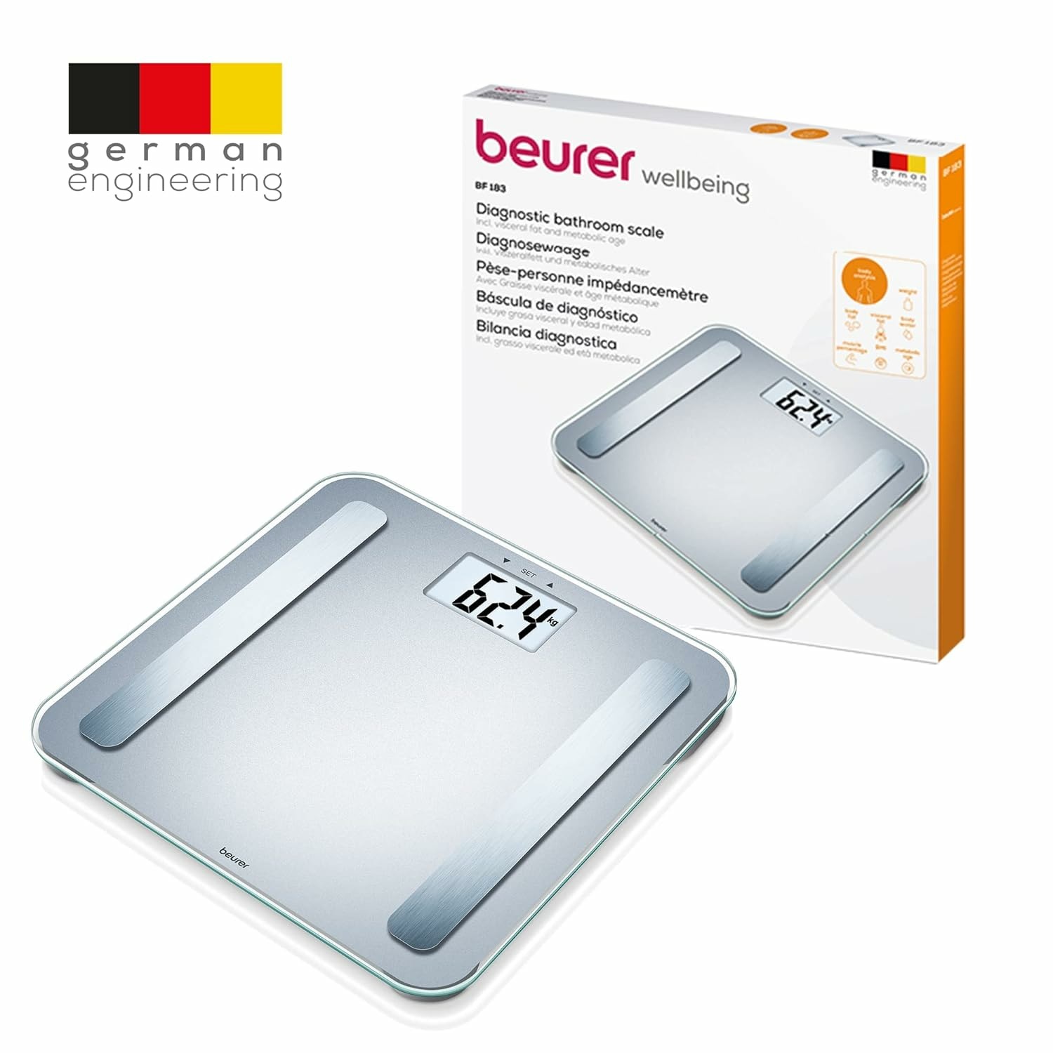 Beurer BF 183 Bilancia Diagnostica Elettronica con Display Extra Large, Portata 180 kg, Misurazione Grasso Viscerale, Età Metabolica, Massa Grassa e Acqua