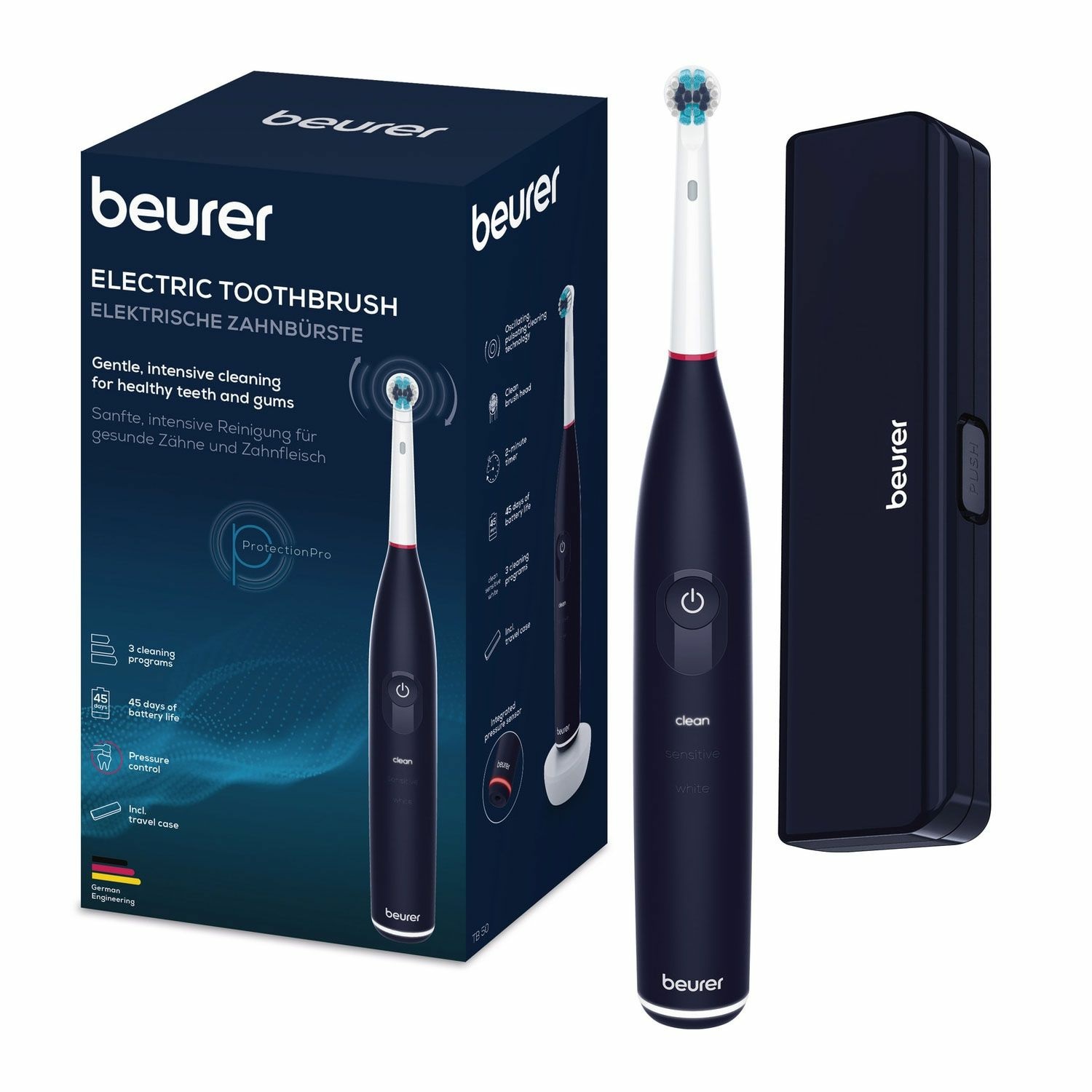 Beurer TB 50 Spazzolino Elettrico con Sensore di Pressione, 3 Programmi Clean, Sensitive e White, Timer da 2 Minuti, Batteria Ricaricabile con Autonomia di 45 Giorni