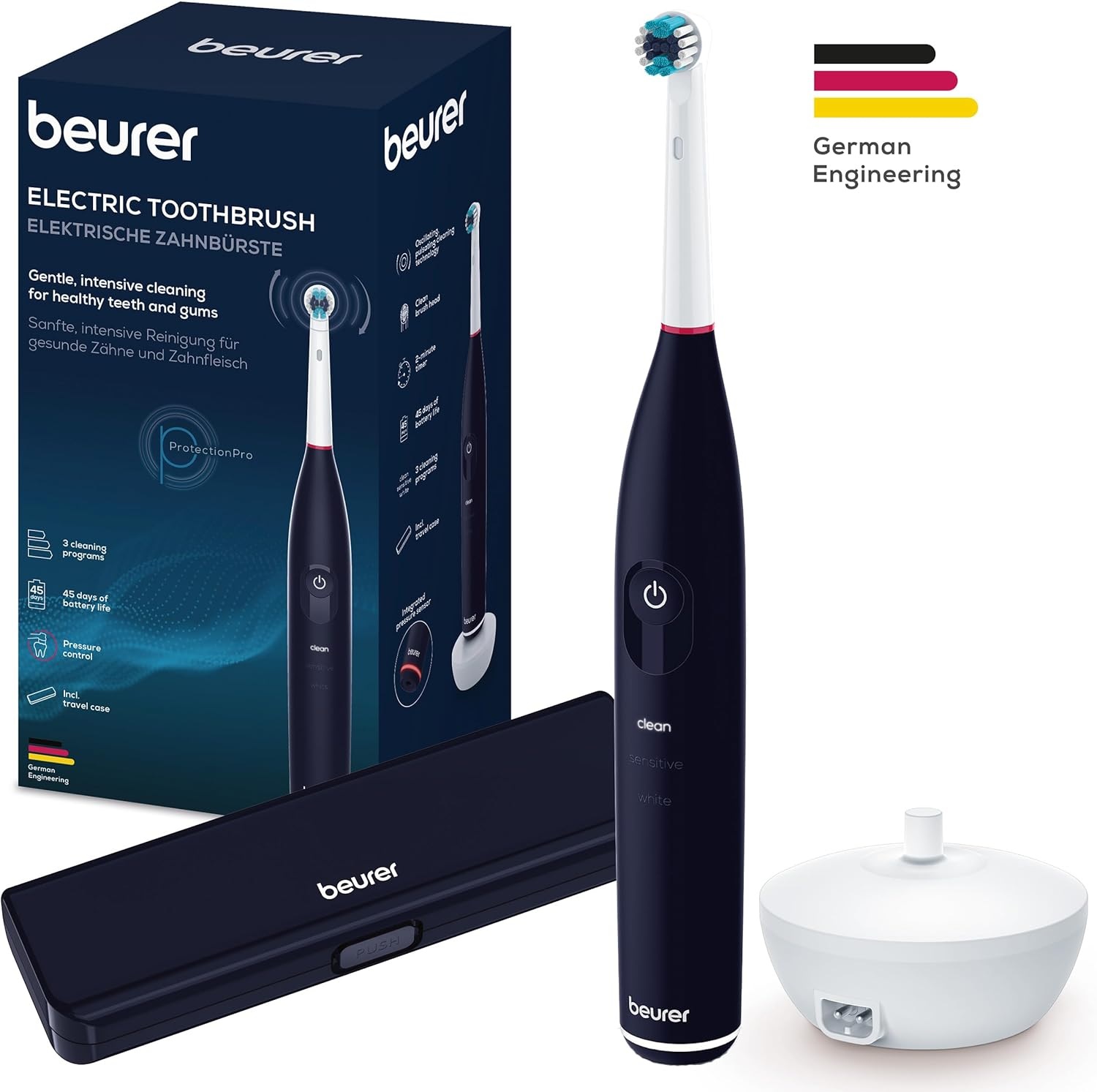 Beurer TB 50 Spazzolino Elettrico con Sensore di Pressione, 3 Programmi Clean, Sensitive e White, Timer da 2 Minuti, Batteria Ricaricabile con Autonomia di 45 Giorni