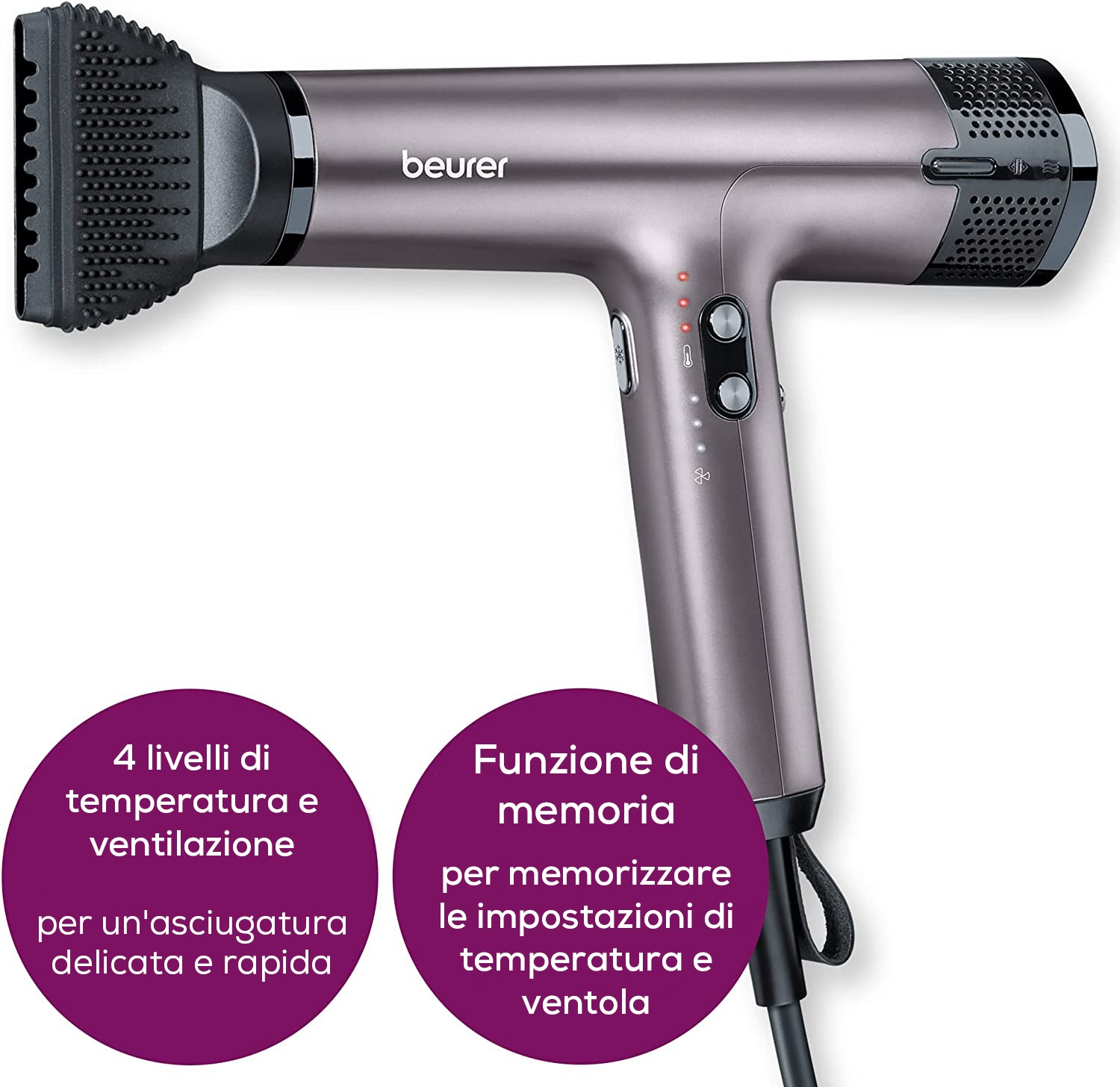Beurer HC 100 Asciugacapelli con Motore Brushless, 1700 W, 4 Livelli di Temperatura, Funzione Memory, Diffusore e Bocchetta Professionale, Colore Nero-Grigio