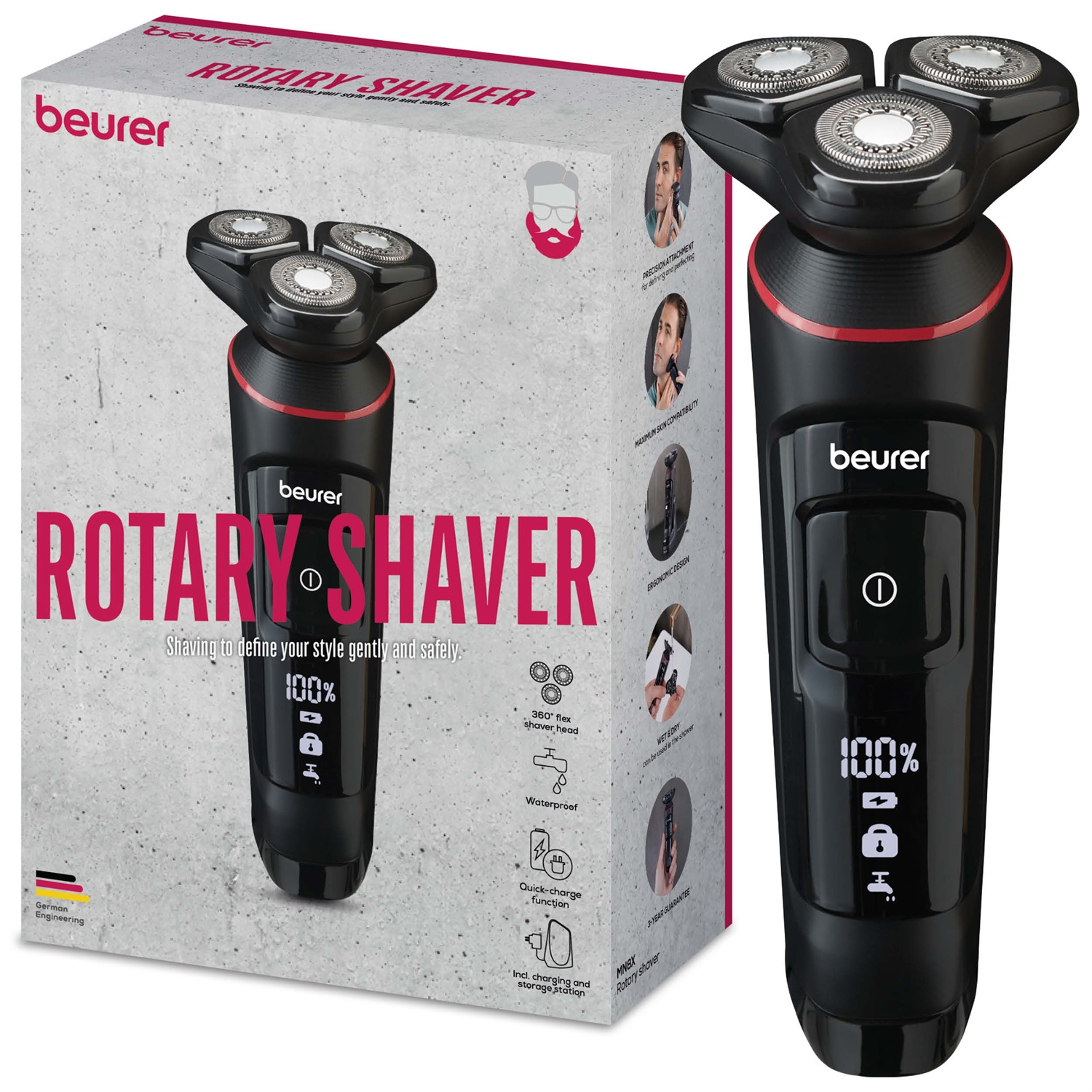Beurer Rasoio Rotante MN8X con Testina Flessibile a 360°, 3 Testine Magnetiche, Accessorio di Precisione, Impermeabile IPX7, Ricarica Rapida e Display LED