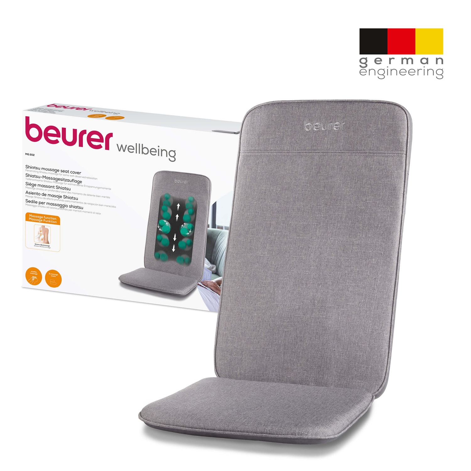 Beurer MG 202 - Cuscino massaggiante shiatsu con 2 livelli di intensità, 4 testine massaggianti, design moderno in grigio chiaro, adatto per casa e ufficio