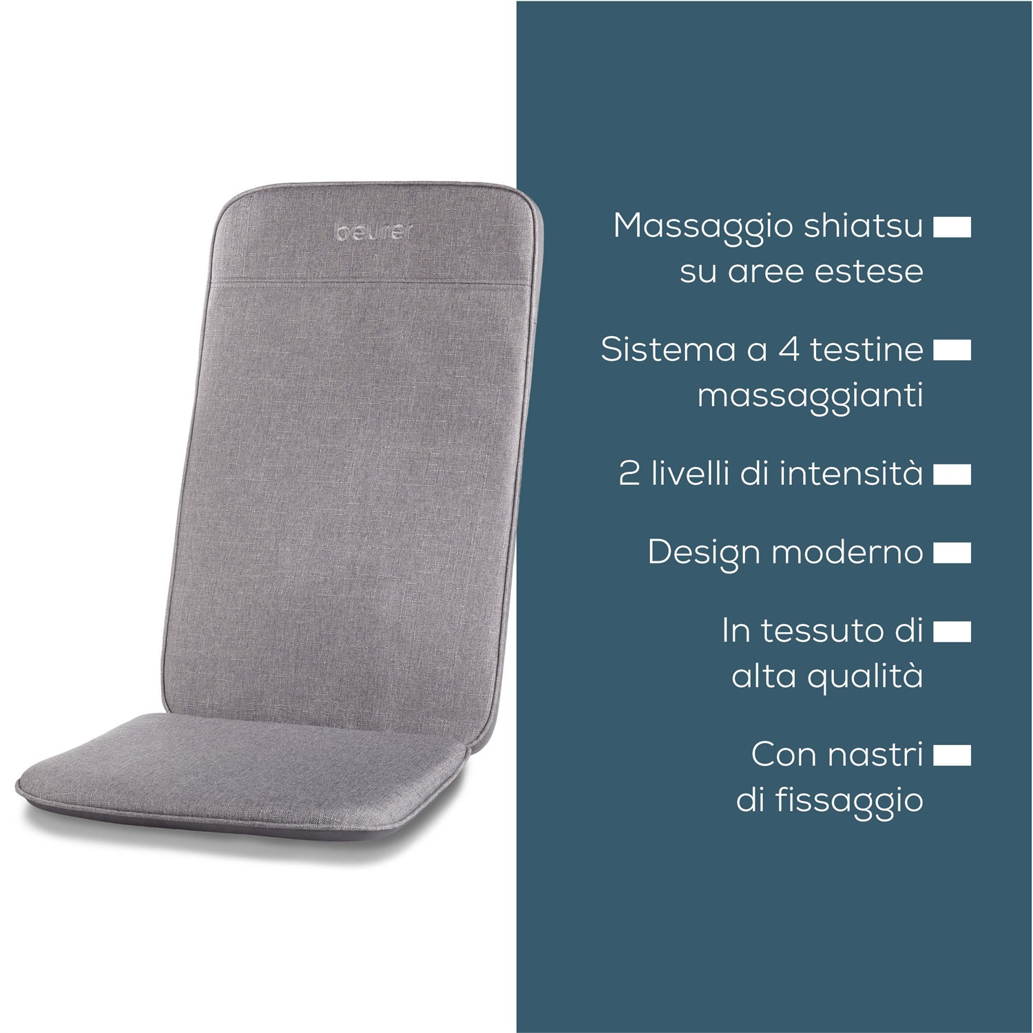 Beurer MG 202 - Cuscino massaggiante shiatsu con 2 livelli di intensità, 4 testine massaggianti, design moderno in grigio chiaro, adatto per casa e ufficio