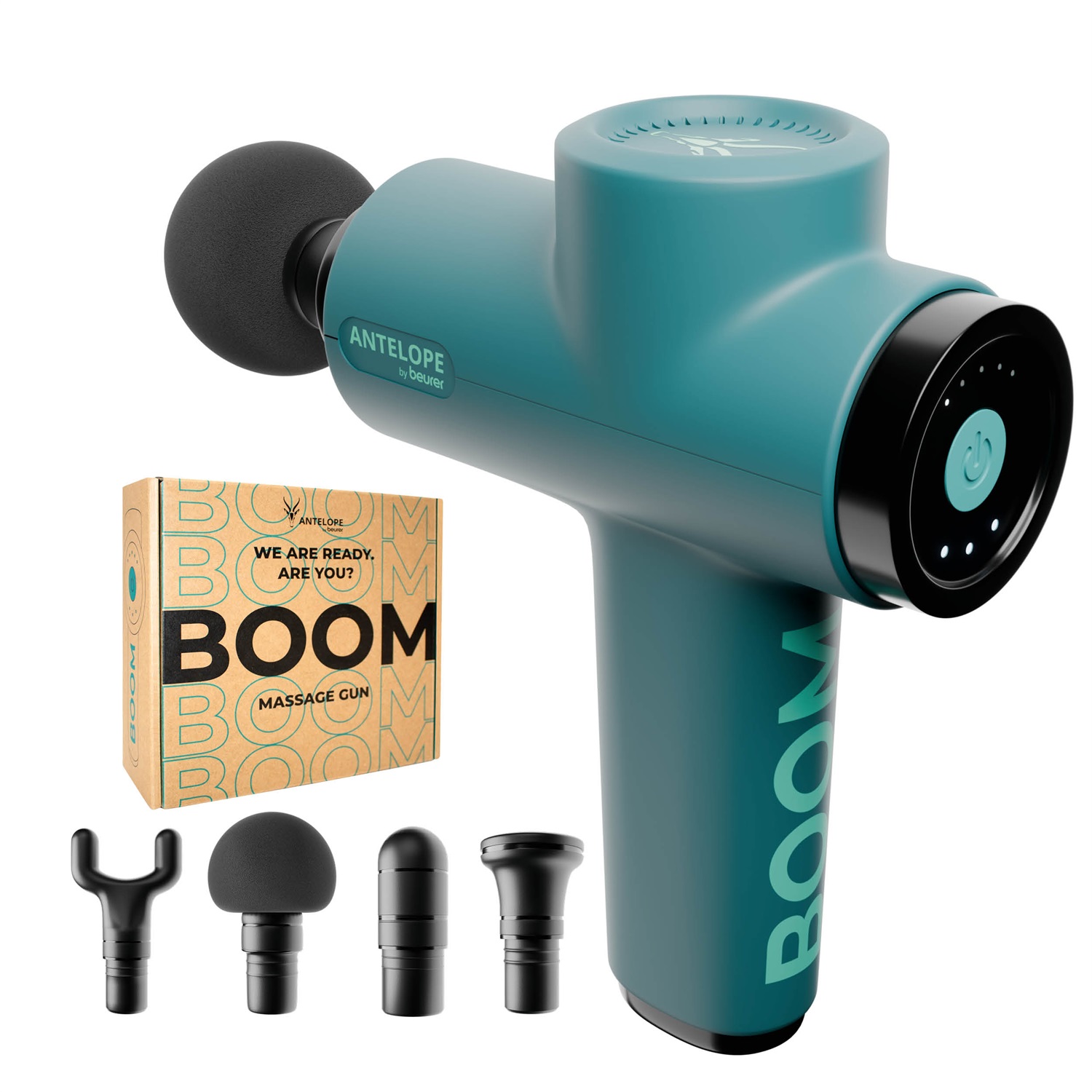 Beurer Antelope BOOM AMG 98 Pistola per Massaggio Muscolare Compatta con 4 Accessori, Massaggio Potente per Relax e Rigenerazione Muscolare, Massaggio dei Trigger Points a 5 Livelli