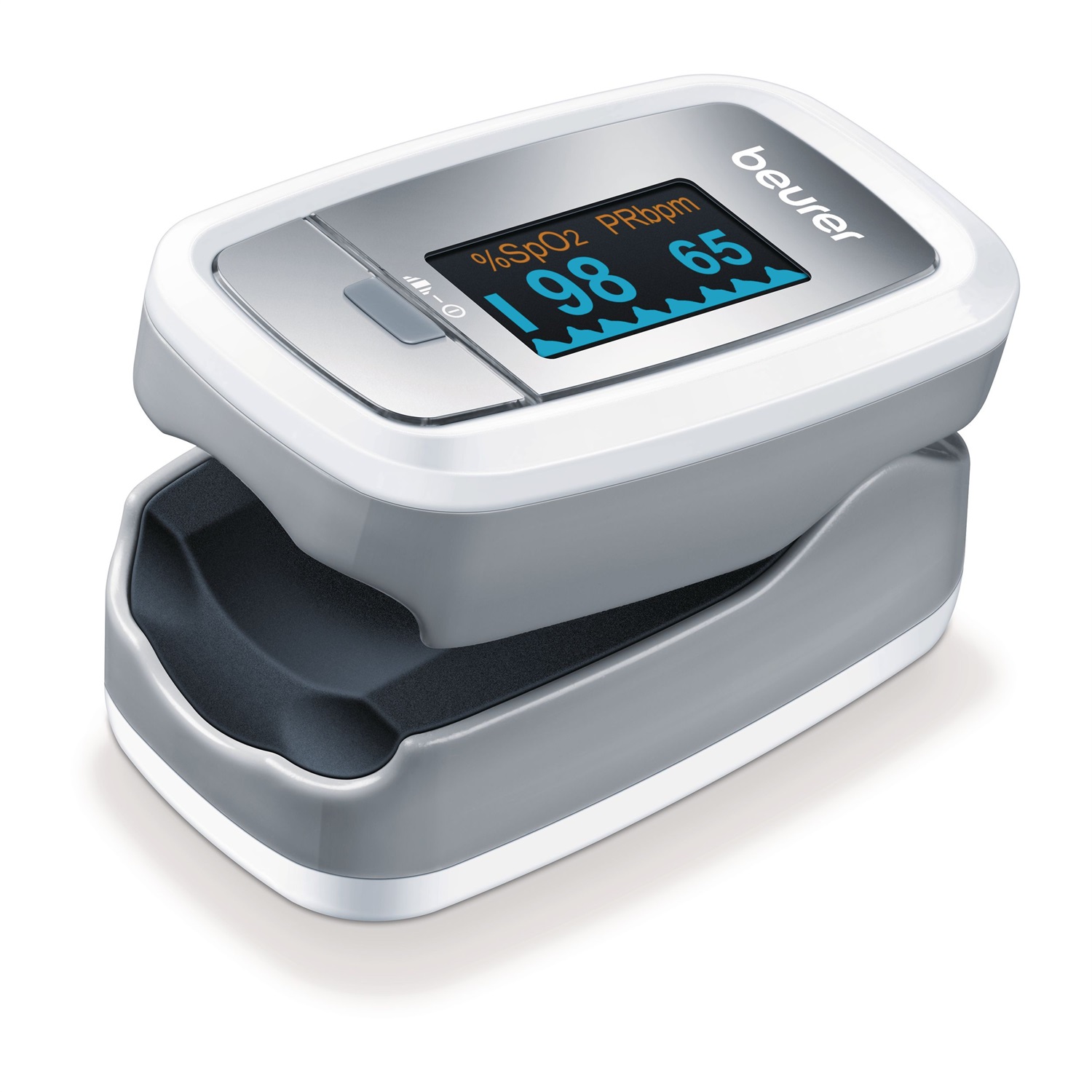 Beurer PO 30 Pulsossimetro - Monitoraggio Saturazione di Ossigeno (SpO2) e Frequenza Cardiaca, Display con 4 Visualizzazioni, Misurazione Indolore