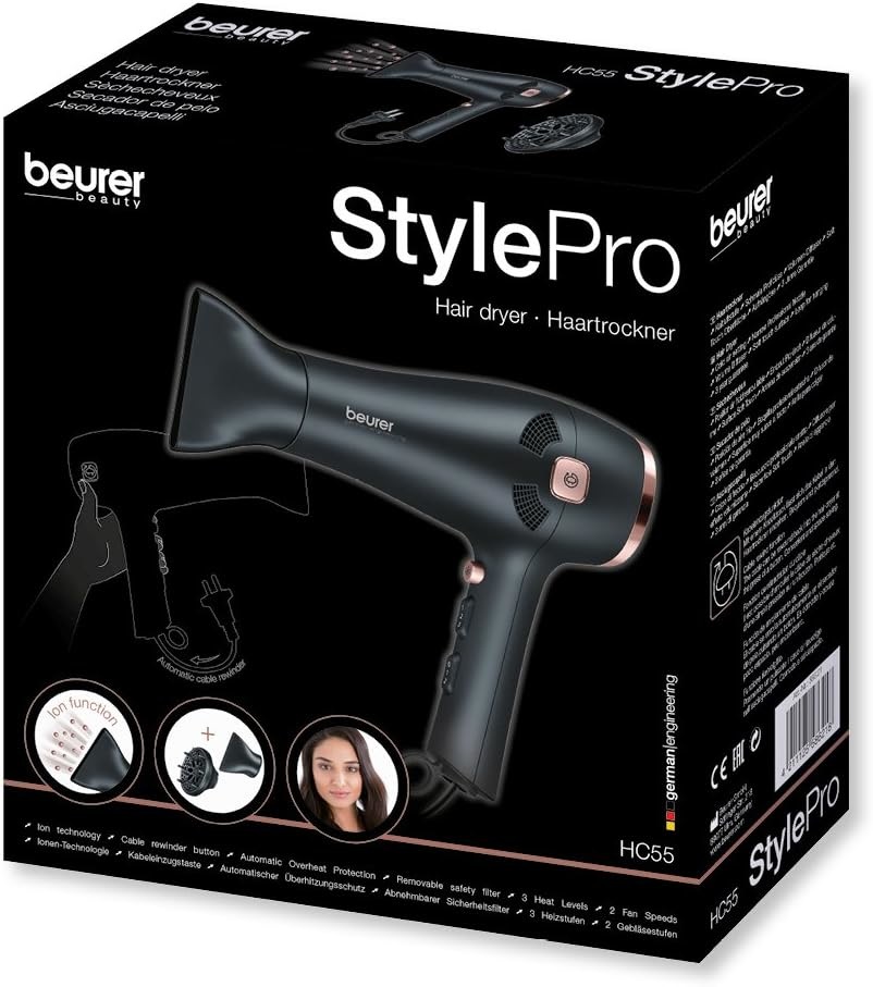 Beurer HC 55 Asciugacapelli 2000W con Funzione Ionica, Cavo Retrattile, 3 Livelli di Calore, Getto Freddo e Ugello Professionale