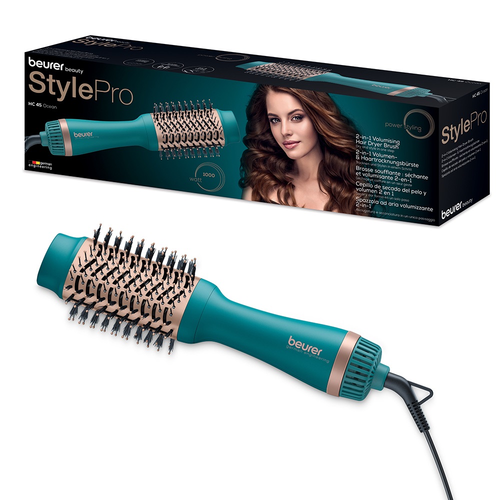 Beurer HC 45 Ocean Spazzola ad Aria Volumizzante 2 in 1 - Potenza 1000 Watt, Funzione a Ioni, 2 Livelli di Riscaldamento e Ventilazione, Forma Ovale per Volume e Setole Districanti