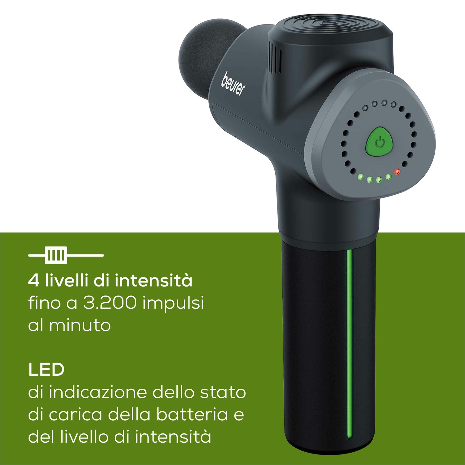 Beurer MG 180 Massage Gun - Pistola per Massaggio Muscolare con 6 Accessori, 4 Livelli di Intensità e Batteria da 3 Ore per Massaggio a Percussione