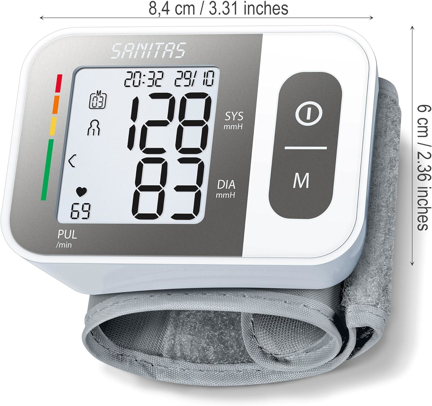 Sanitas Misuratore di Pressione Da Polso SBC 15 - Sfigmomanometro Automatico con Display LCD, Memoria per 60 Misurazioni e Funzione di Avviso Aritmie